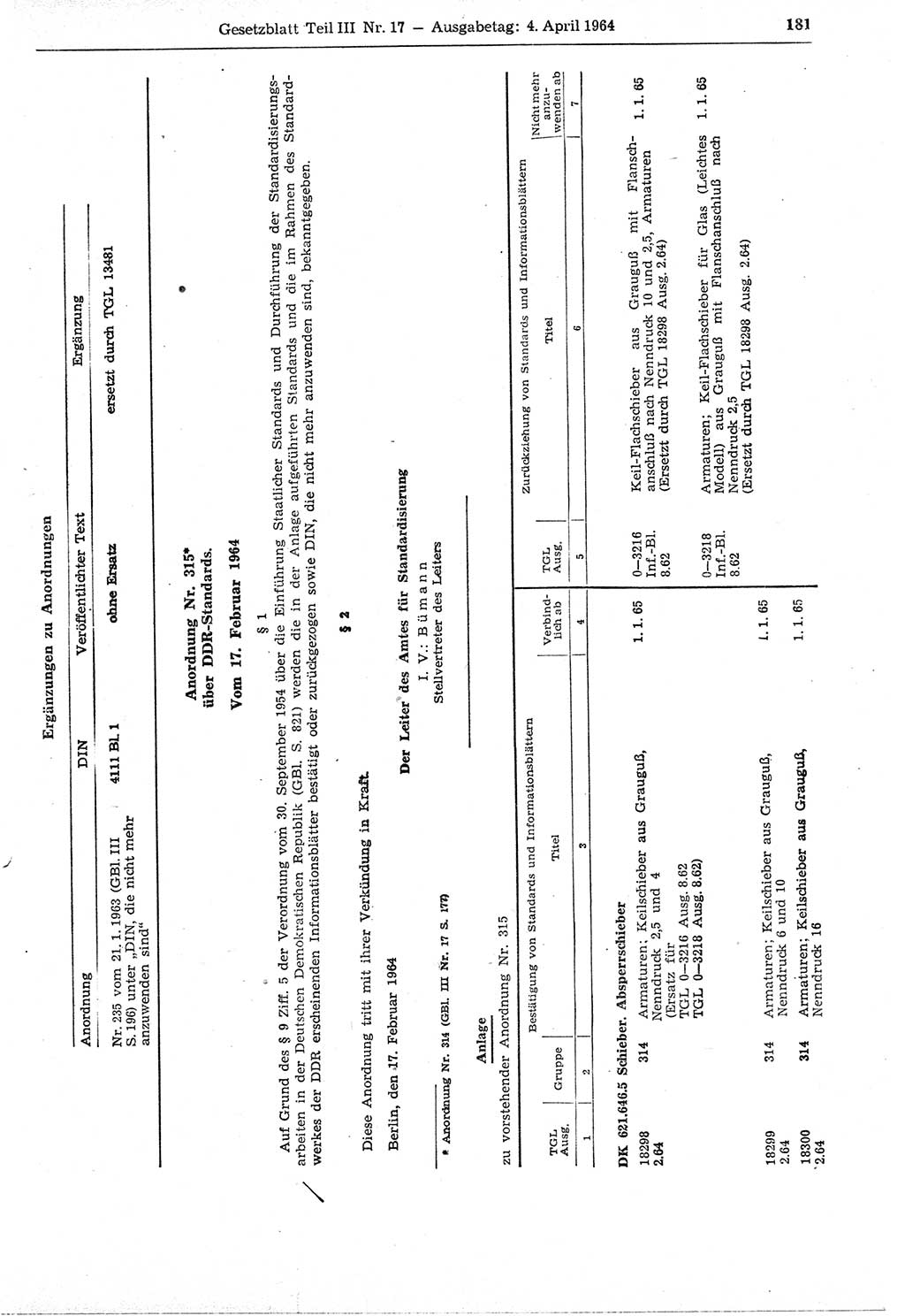 Gesetzblatt (GBl.) der Deutschen Demokratischen Republik (DDR) Teil ⅠⅠⅠ 1964, Seite 181 (GBl. DDR ⅠⅠⅠ 1964, S. 181)