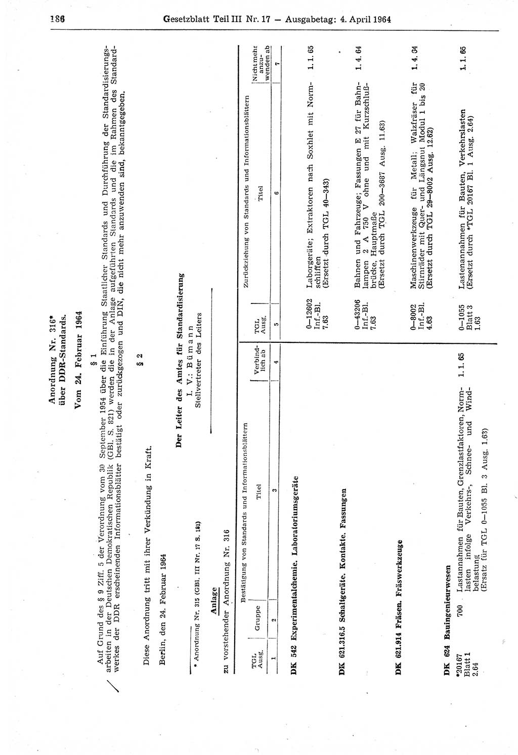 Gesetzblatt (GBl.) der Deutschen Demokratischen Republik (DDR) Teil ⅠⅠⅠ 1964, Seite 186 (GBl. DDR ⅠⅠⅠ 1964, S. 186)