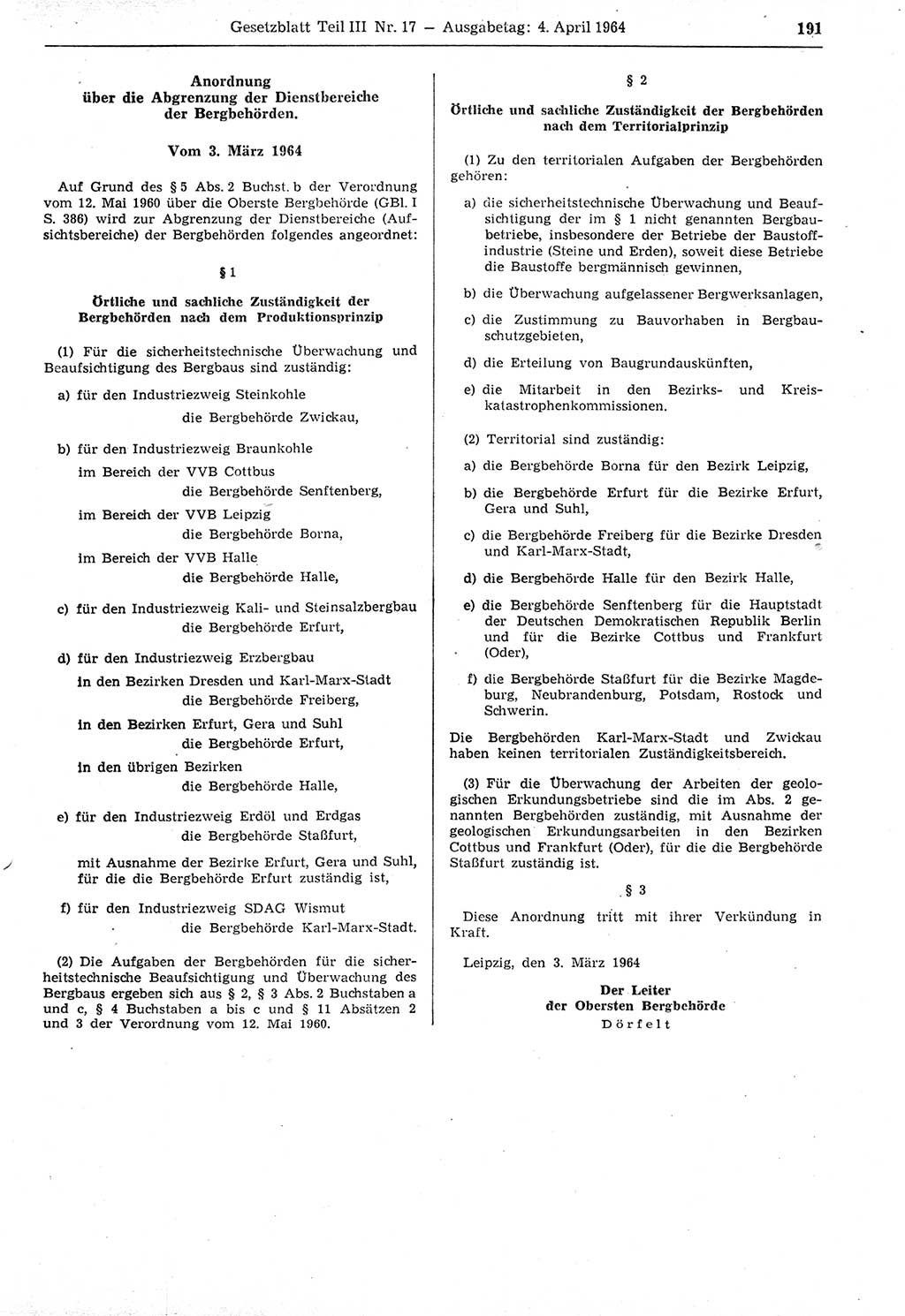 Gesetzblatt (GBl.) der Deutschen Demokratischen Republik (DDR) Teil ⅠⅠⅠ 1964, Seite 191 (GBl. DDR ⅠⅠⅠ 1964, S. 191)