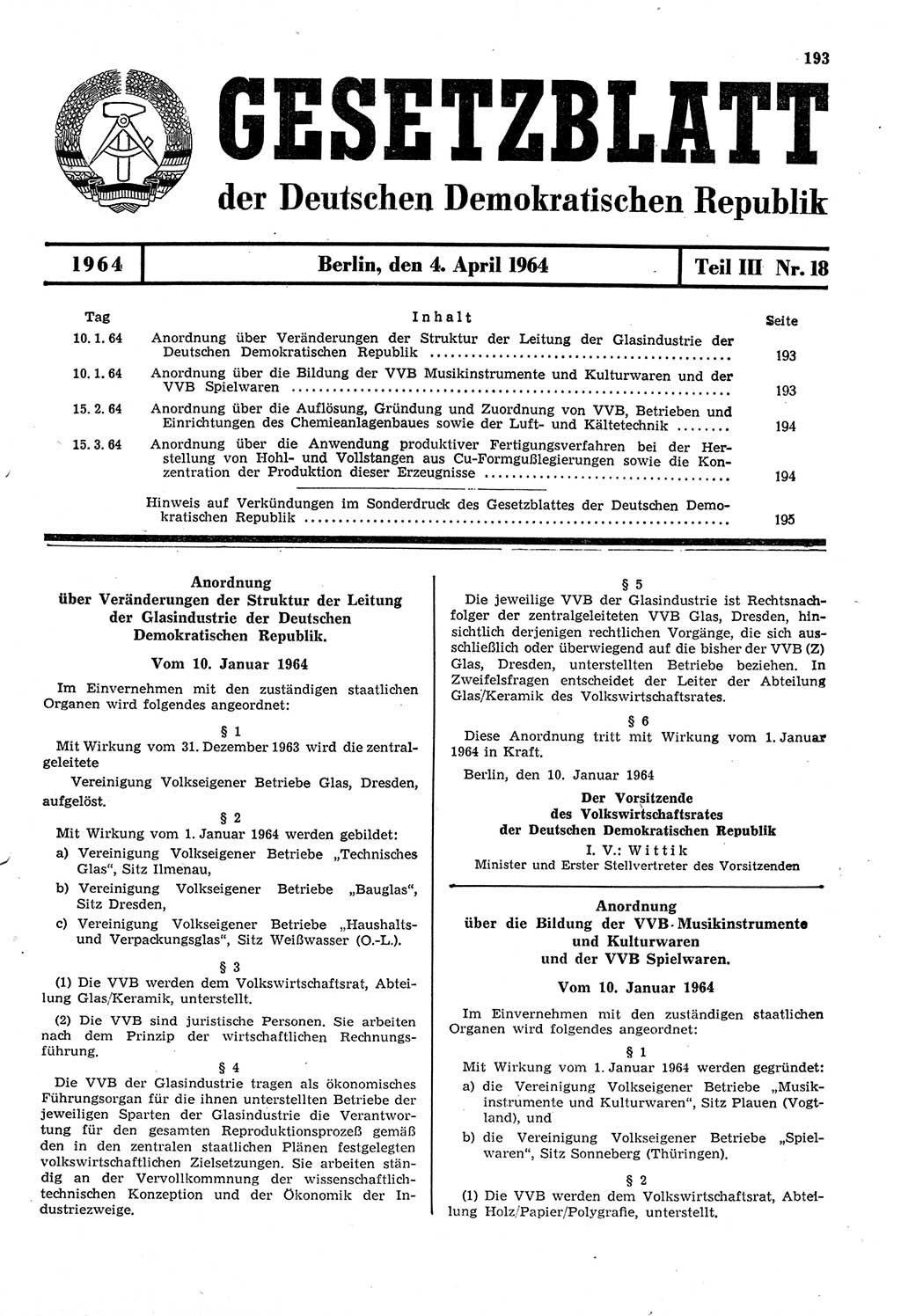 Gesetzblatt (GBl.) der Deutschen Demokratischen Republik (DDR) Teil ⅠⅠⅠ 1964, Seite 193 (GBl. DDR ⅠⅠⅠ 1964, S. 193)