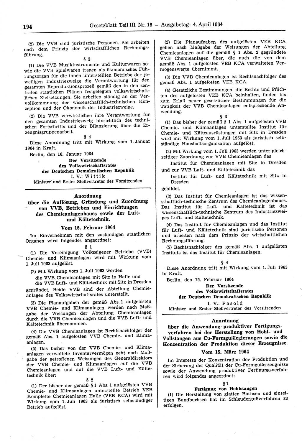 Gesetzblatt (GBl.) der Deutschen Demokratischen Republik (DDR) Teil ⅠⅠⅠ 1964, Seite 194 (GBl. DDR ⅠⅠⅠ 1964, S. 194)
