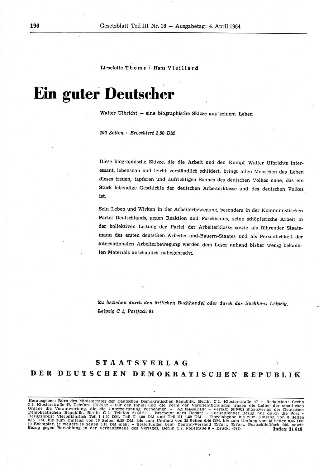 Gesetzblatt (GBl.) der Deutschen Demokratischen Republik (DDR) Teil ⅠⅠⅠ 1964, Seite 196 (GBl. DDR ⅠⅠⅠ 1964, S. 196)