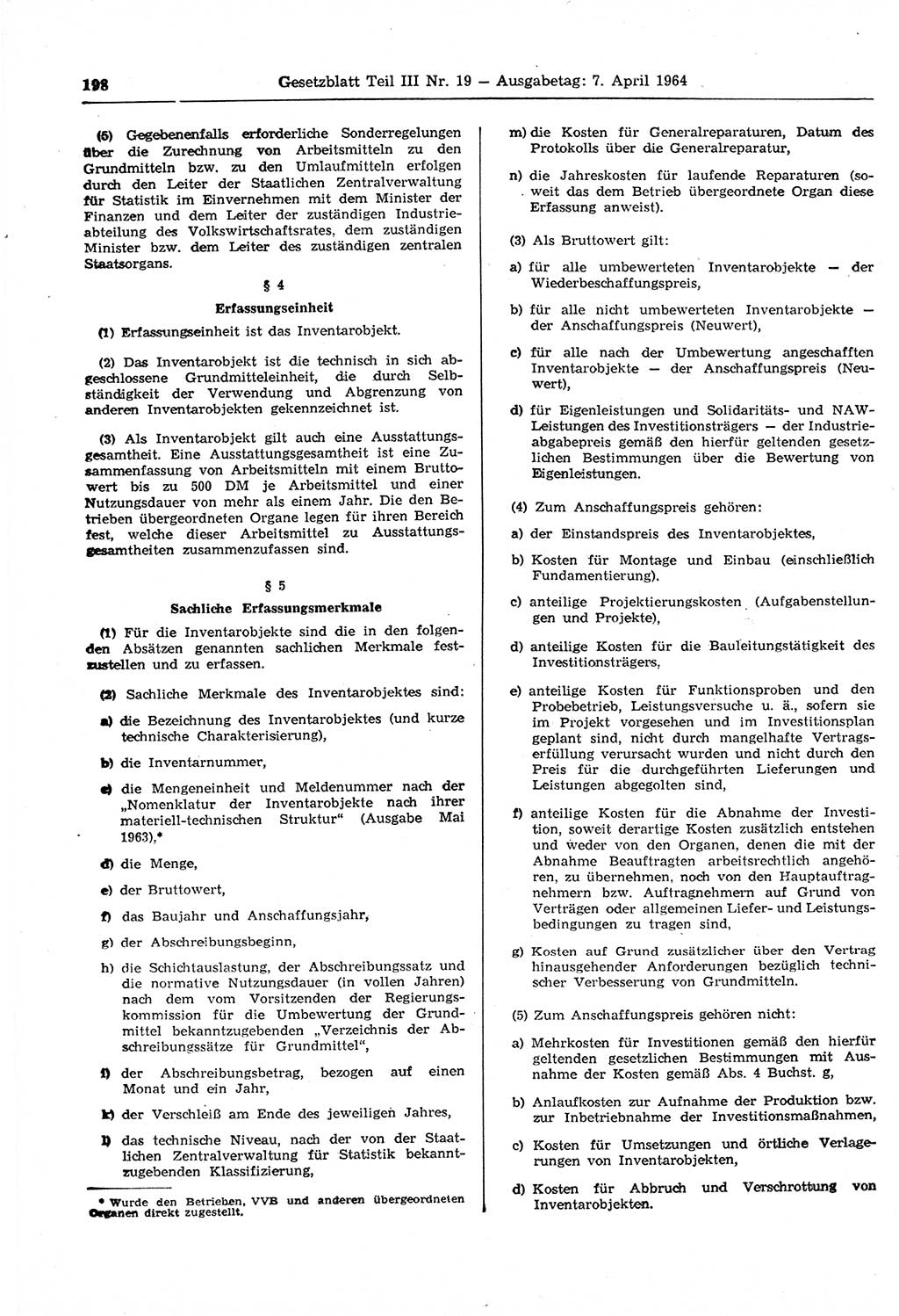 Gesetzblatt (GBl.) der Deutschen Demokratischen Republik (DDR) Teil ⅠⅠⅠ 1964, Seite 198 (GBl. DDR ⅠⅠⅠ 1964, S. 198)