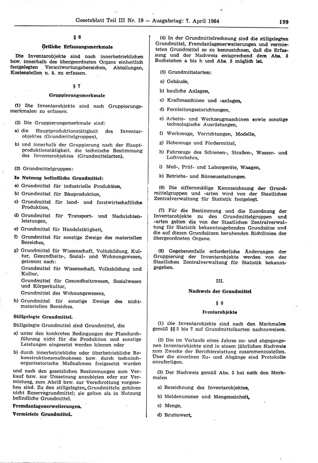 Gesetzblatt (GBl.) der Deutschen Demokratischen Republik (DDR) Teil ⅠⅠⅠ 1964, Seite 199 (GBl. DDR ⅠⅠⅠ 1964, S. 199)