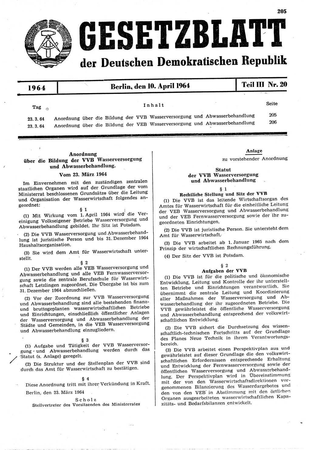 Gesetzblatt (GBl.) der Deutschen Demokratischen Republik (DDR) Teil ⅠⅠⅠ 1964, Seite 205 (GBl. DDR ⅠⅠⅠ 1964, S. 205)