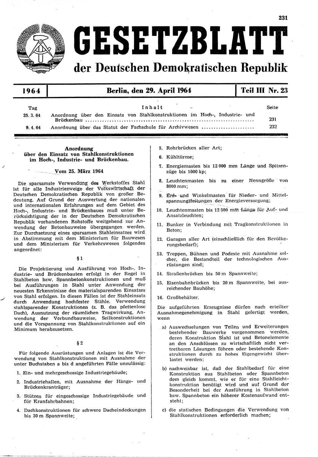 Gesetzblatt (GBl.) der Deutschen Demokratischen Republik (DDR) Teil ⅠⅠⅠ 1964, Seite 231 (GBl. DDR ⅠⅠⅠ 1964, S. 231)