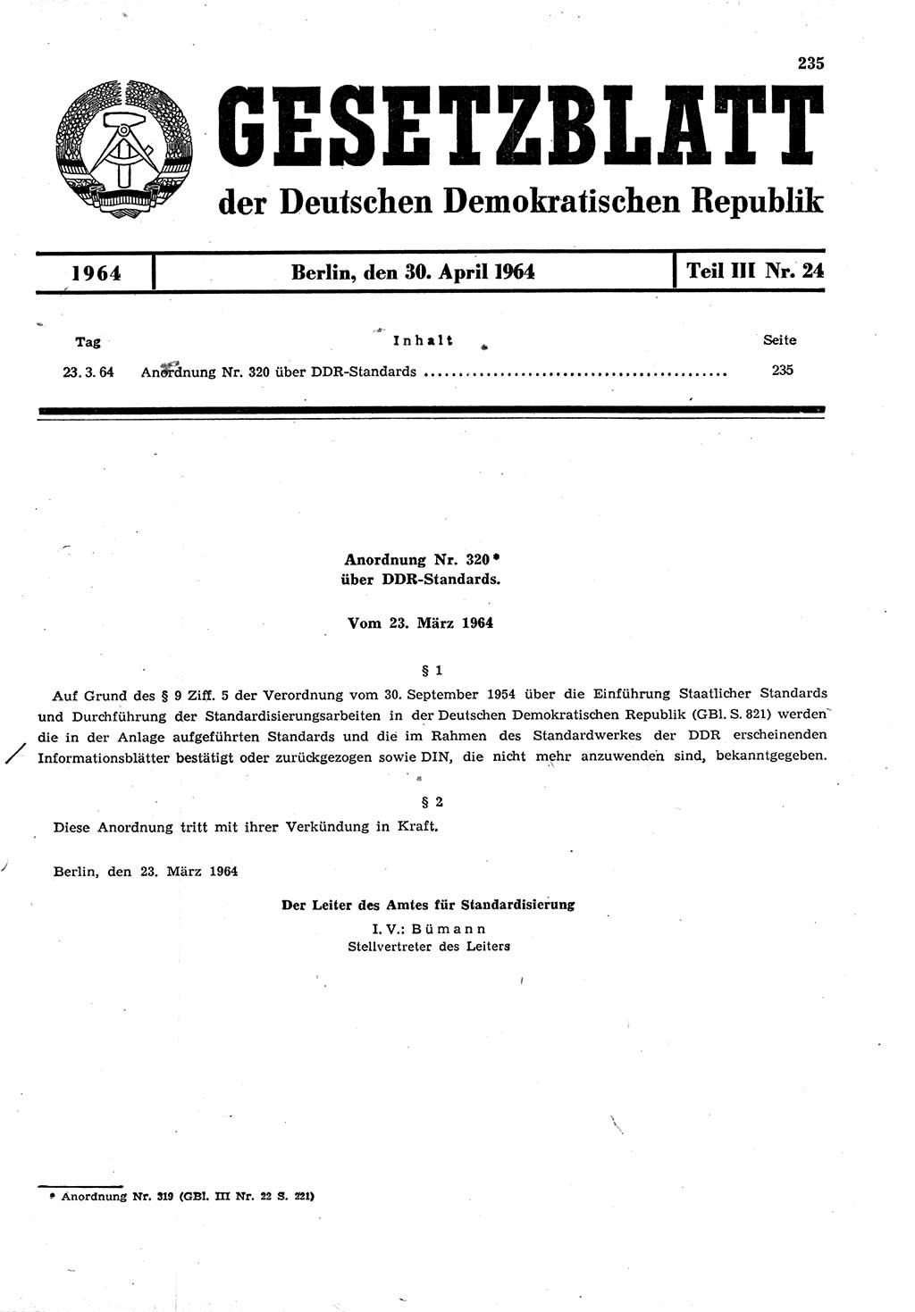 Gesetzblatt (GBl.) der Deutschen Demokratischen Republik (DDR) Teil ⅠⅠⅠ 1964, Seite 235 (GBl. DDR ⅠⅠⅠ 1964, S. 235)