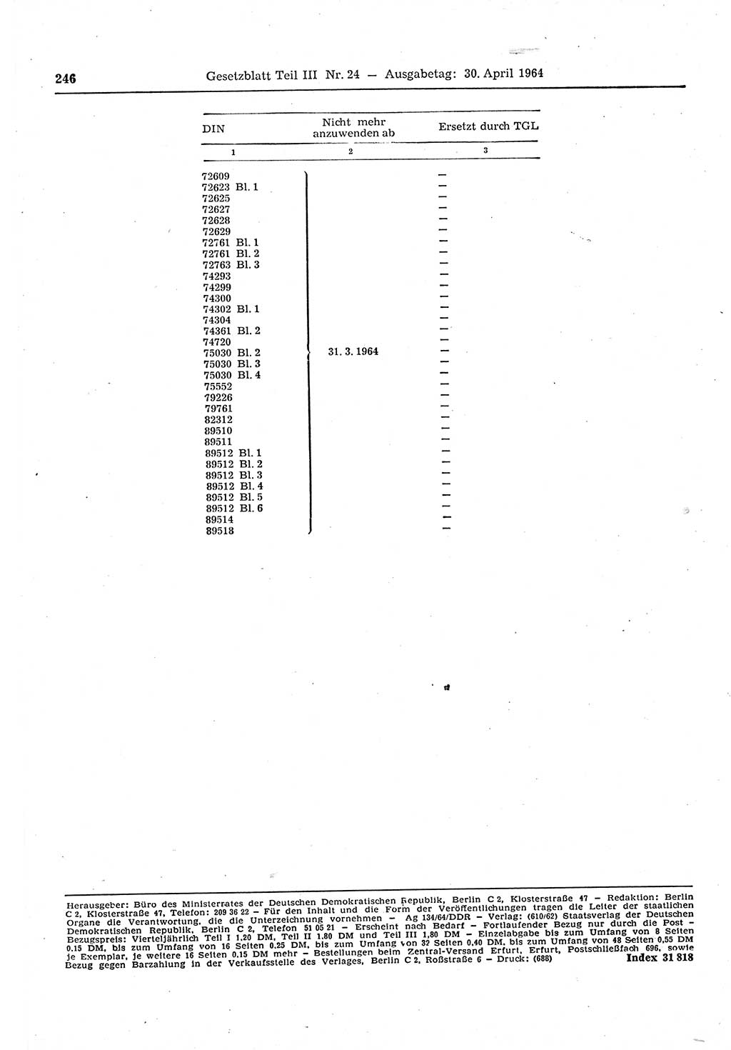 Gesetzblatt (GBl.) der Deutschen Demokratischen Republik (DDR) Teil ⅠⅠⅠ 1964, Seite 246 (GBl. DDR ⅠⅠⅠ 1964, S. 246)