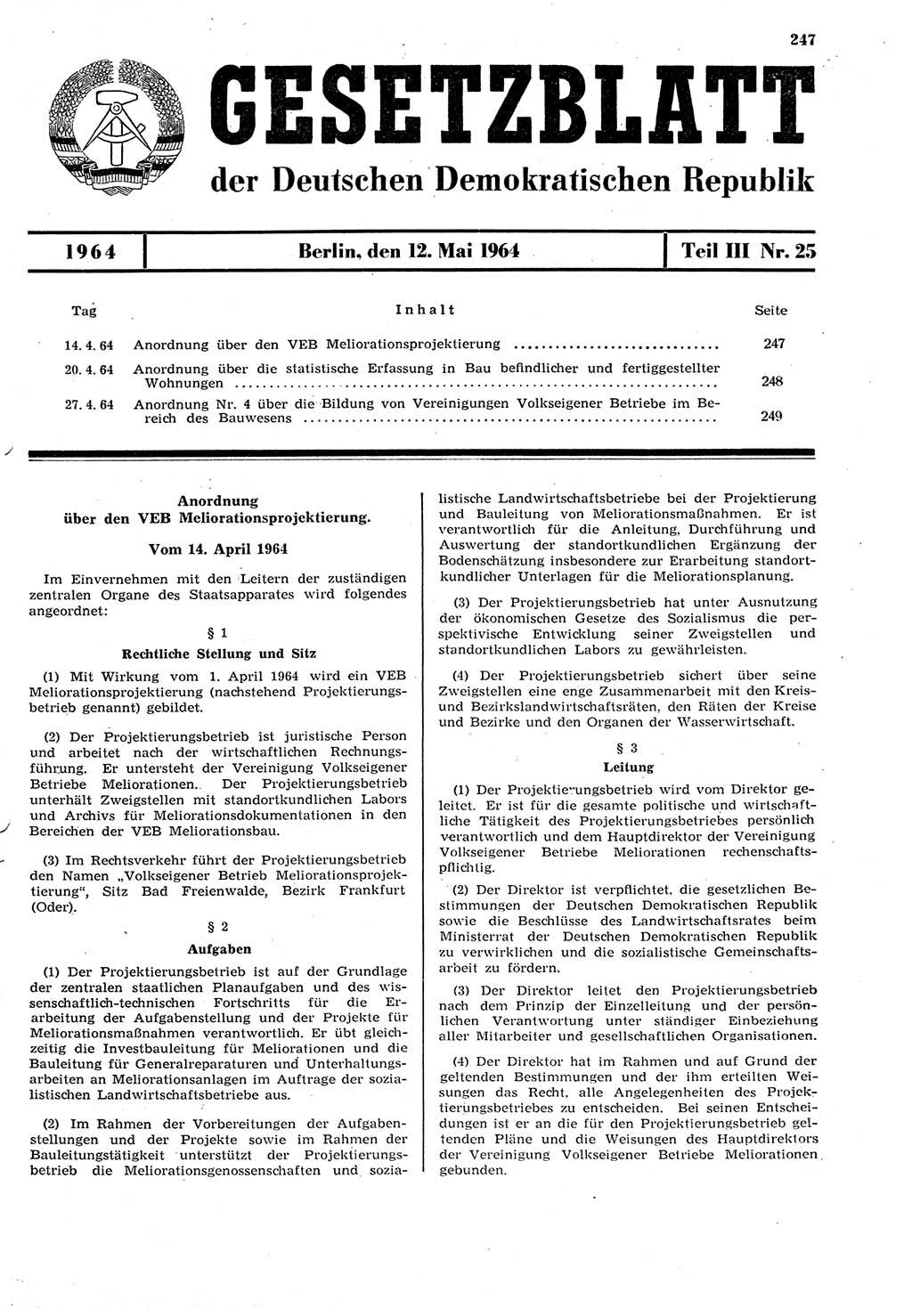 Gesetzblatt (GBl.) der Deutschen Demokratischen Republik (DDR) Teil ⅠⅠⅠ 1964, Seite 247 (GBl. DDR ⅠⅠⅠ 1964, S. 247)