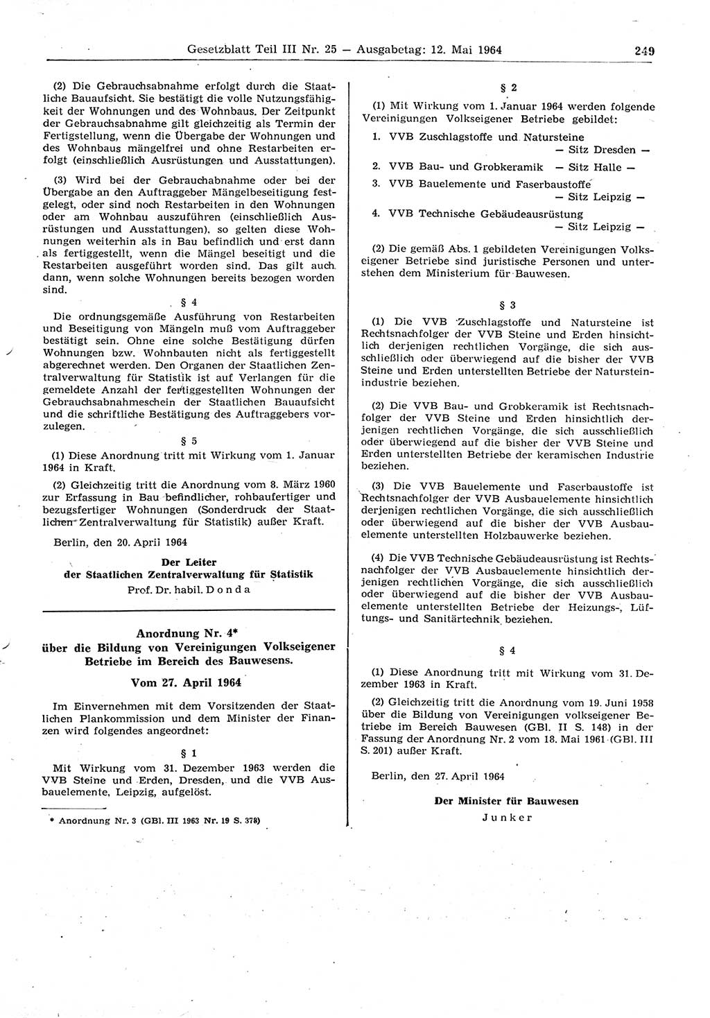 Gesetzblatt (GBl.) der Deutschen Demokratischen Republik (DDR) Teil ⅠⅠⅠ 1964, Seite 249 (GBl. DDR ⅠⅠⅠ 1964, S. 249)