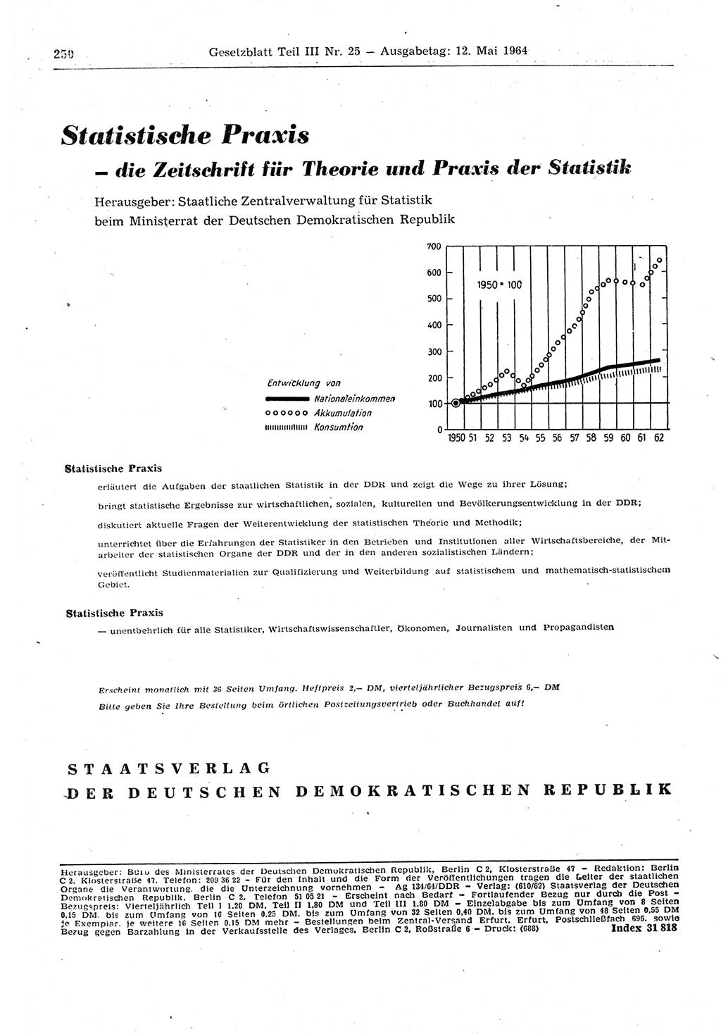 Gesetzblatt (GBl.) der Deutschen Demokratischen Republik (DDR) Teil ⅠⅠⅠ 1964, Seite 250 (GBl. DDR ⅠⅠⅠ 1964, S. 250)