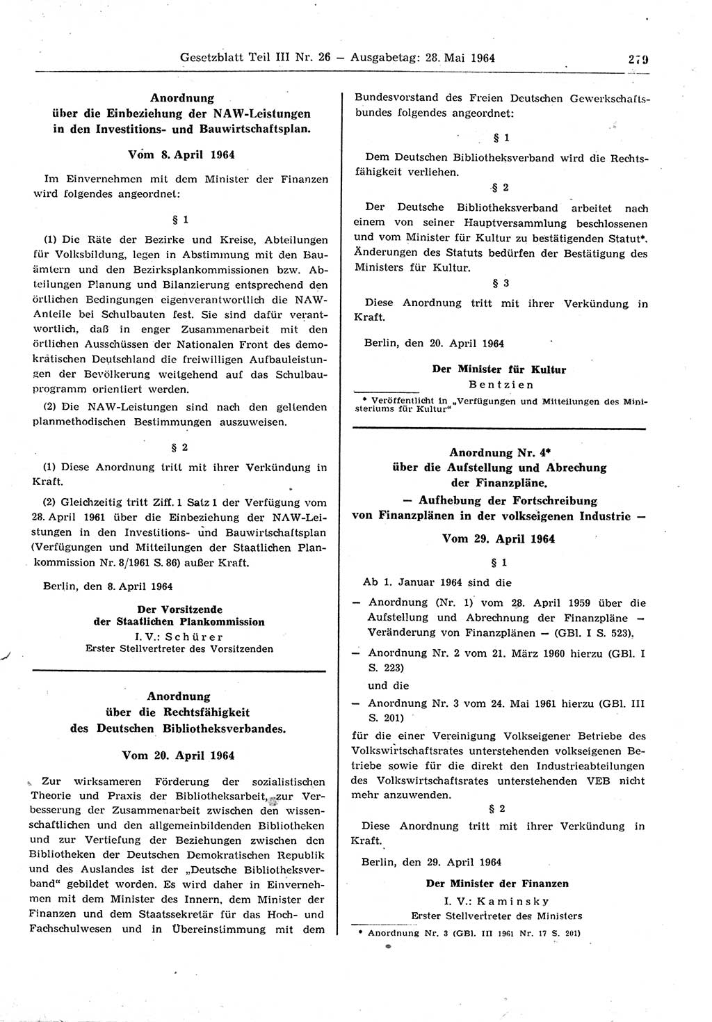 Gesetzblatt (GBl.) der Deutschen Demokratischen Republik (DDR) Teil ⅠⅠⅠ 1964, Seite 279 (GBl. DDR ⅠⅠⅠ 1964, S. 279)