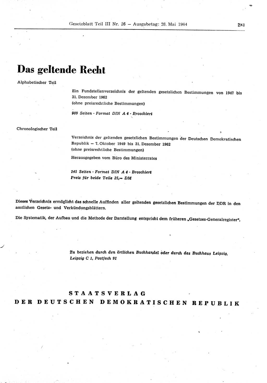 Gesetzblatt (GBl.) der Deutschen Demokratischen Republik (DDR) Teil ⅠⅠⅠ 1964, Seite 281 (GBl. DDR ⅠⅠⅠ 1964, S. 281)