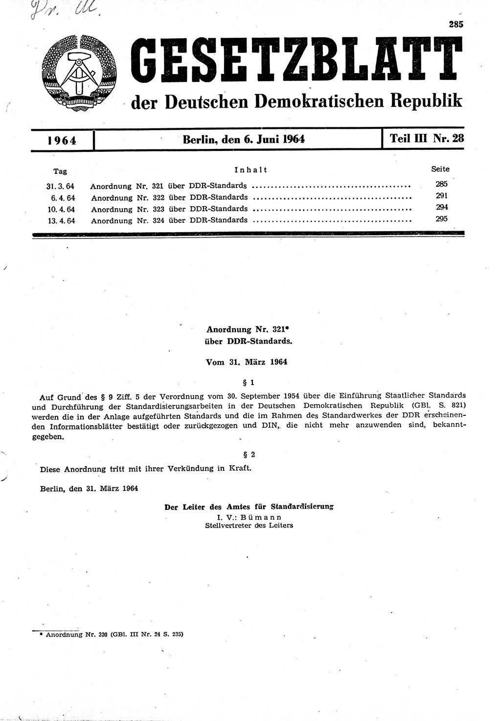 Gesetzblatt (GBl.) der Deutschen Demokratischen Republik (DDR) Teil ⅠⅠⅠ 1964, Seite 285 (GBl. DDR ⅠⅠⅠ 1964, S. 285)