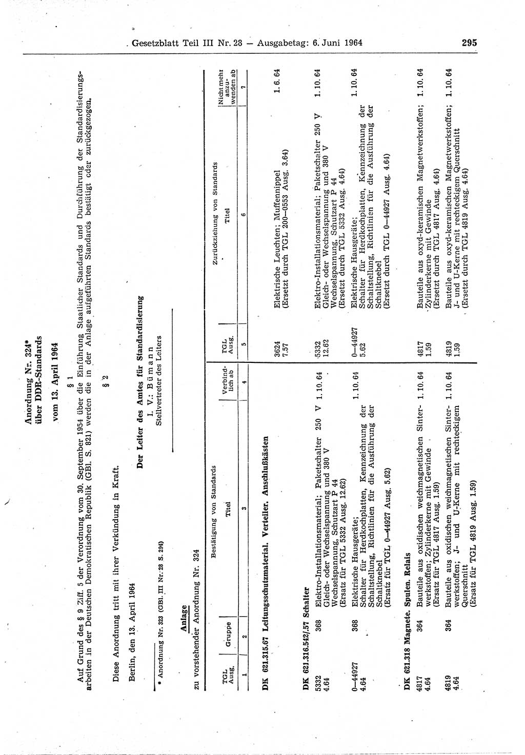 Gesetzblatt (GBl.) der Deutschen Demokratischen Republik (DDR) Teil ⅠⅠⅠ 1964, Seite 295 (GBl. DDR ⅠⅠⅠ 1964, S. 295)