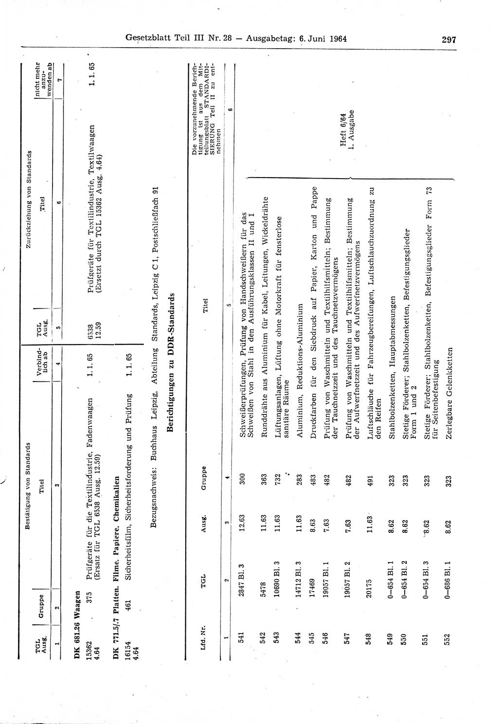 Gesetzblatt (GBl.) der Deutschen Demokratischen Republik (DDR) Teil ⅠⅠⅠ 1964, Seite 297 (GBl. DDR ⅠⅠⅠ 1964, S. 297)