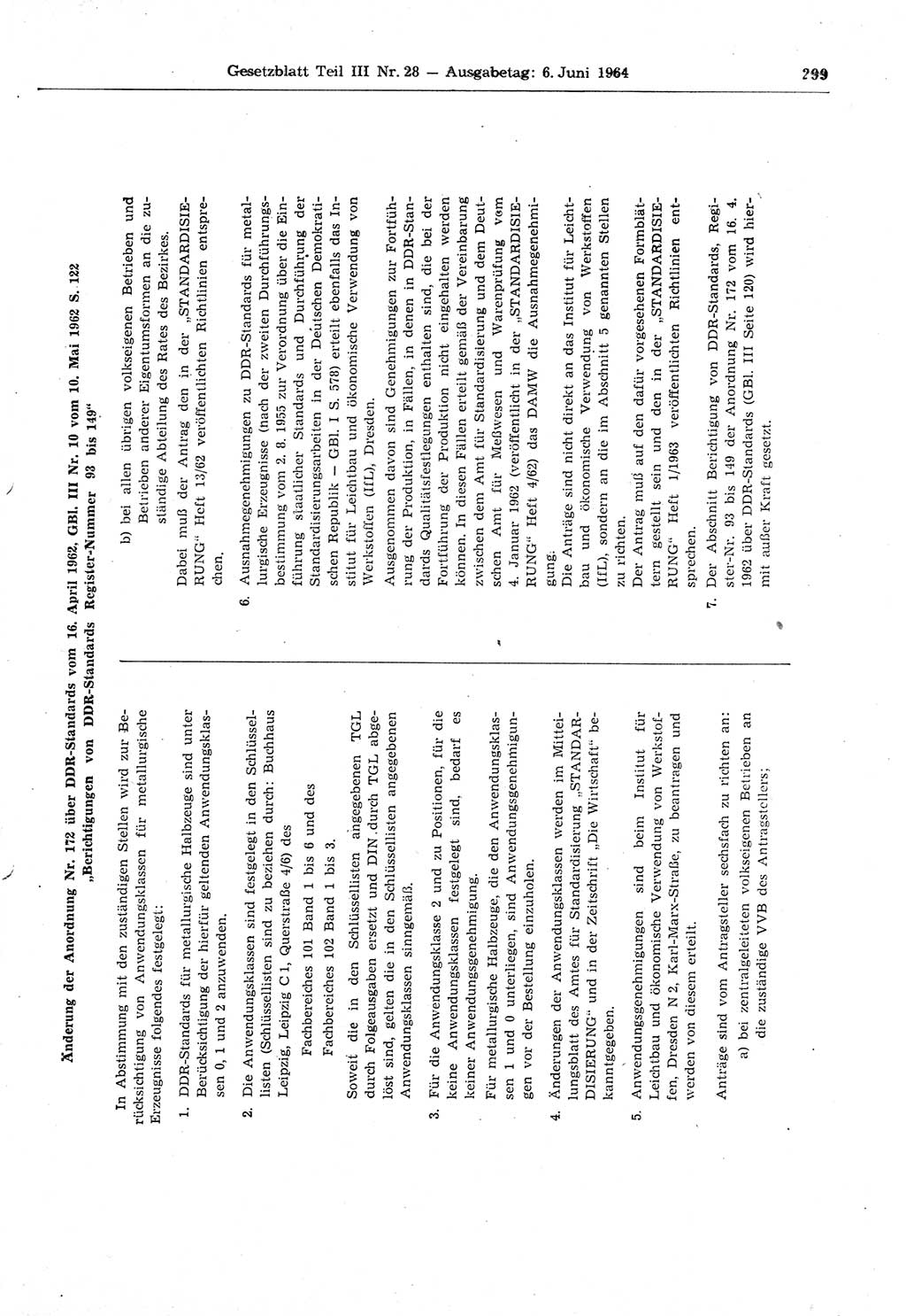 Gesetzblatt (GBl.) der Deutschen Demokratischen Republik (DDR) Teil ⅠⅠⅠ 1964, Seite 299 (GBl. DDR ⅠⅠⅠ 1964, S. 299)