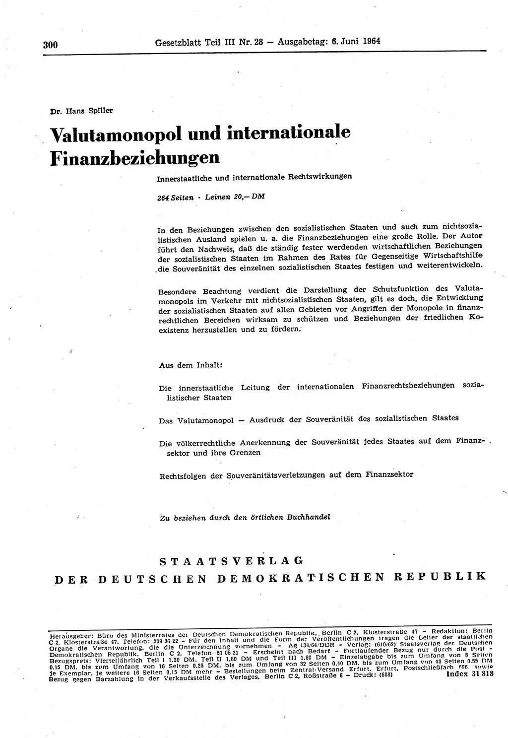 Gesetzblatt (GBl.) der Deutschen Demokratischen Republik (DDR) Teil ⅠⅠⅠ 1964, Seite 300 (GBl. DDR ⅠⅠⅠ 1964, S. 300)