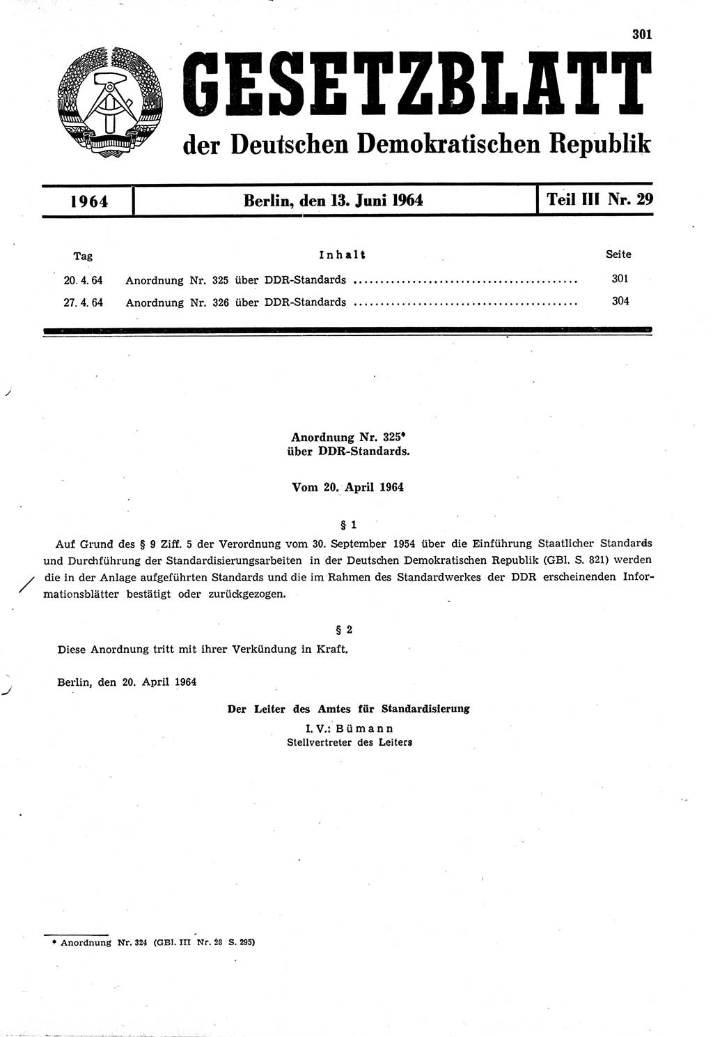 Gesetzblatt (GBl.) der Deutschen Demokratischen Republik (DDR) Teil ⅠⅠⅠ 1964, Seite 301 (GBl. DDR ⅠⅠⅠ 1964, S. 301)
