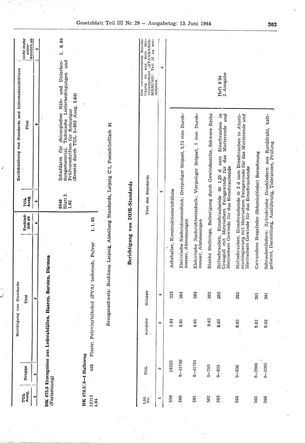 Gesetzblatt (GBl.) der Deutschen Demokratischen Republik (DDR) Teil ⅠⅠⅠ 1964, Seite 303 (GBl. DDR ⅠⅠⅠ 1964, S. 303)