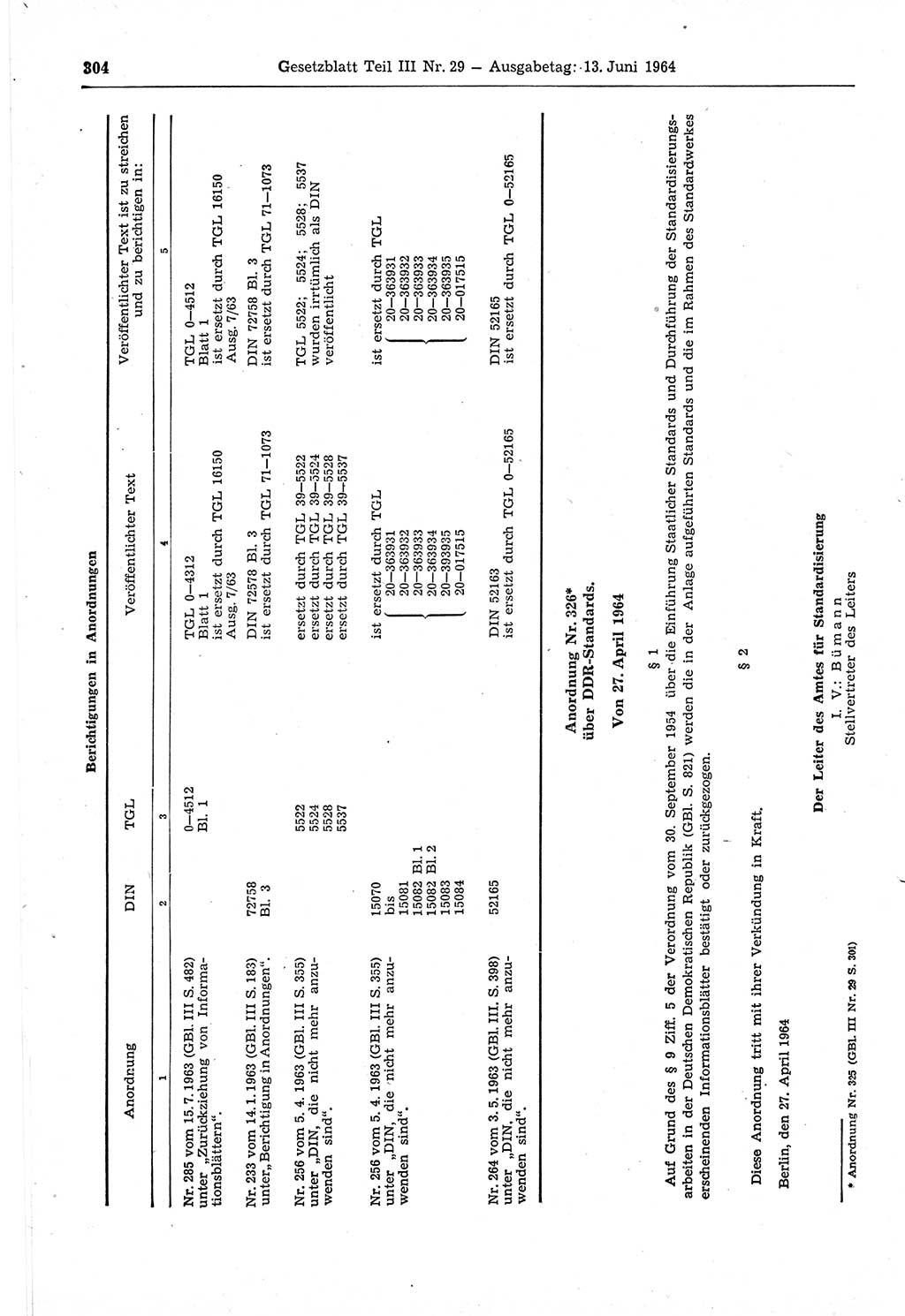 Gesetzblatt (GBl.) der Deutschen Demokratischen Republik (DDR) Teil ⅠⅠⅠ 1964, Seite 304 (GBl. DDR ⅠⅠⅠ 1964, S. 304)