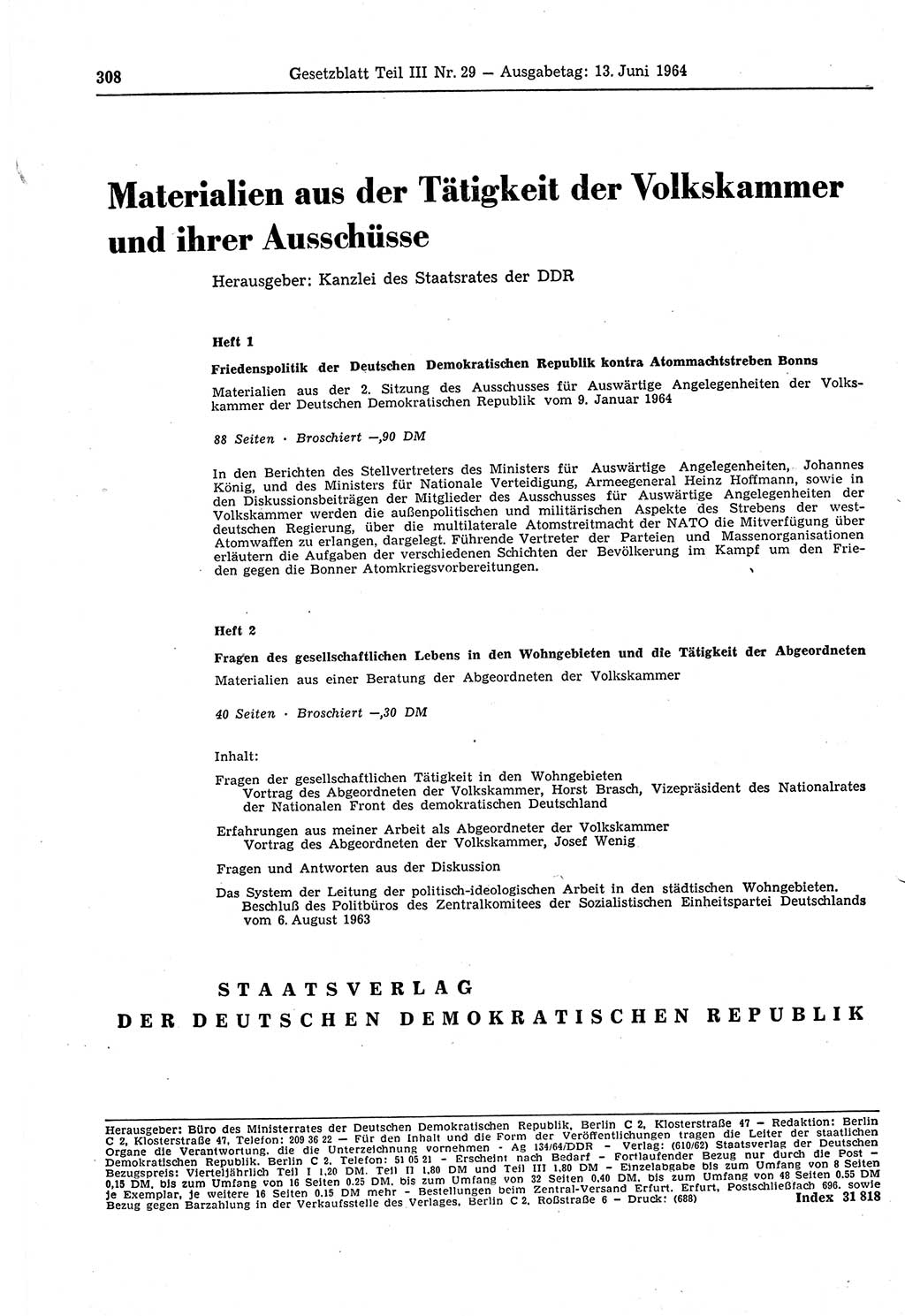 Gesetzblatt (GBl.) der Deutschen Demokratischen Republik (DDR) Teil ⅠⅠⅠ 1964, Seite 308 (GBl. DDR ⅠⅠⅠ 1964, S. 308)