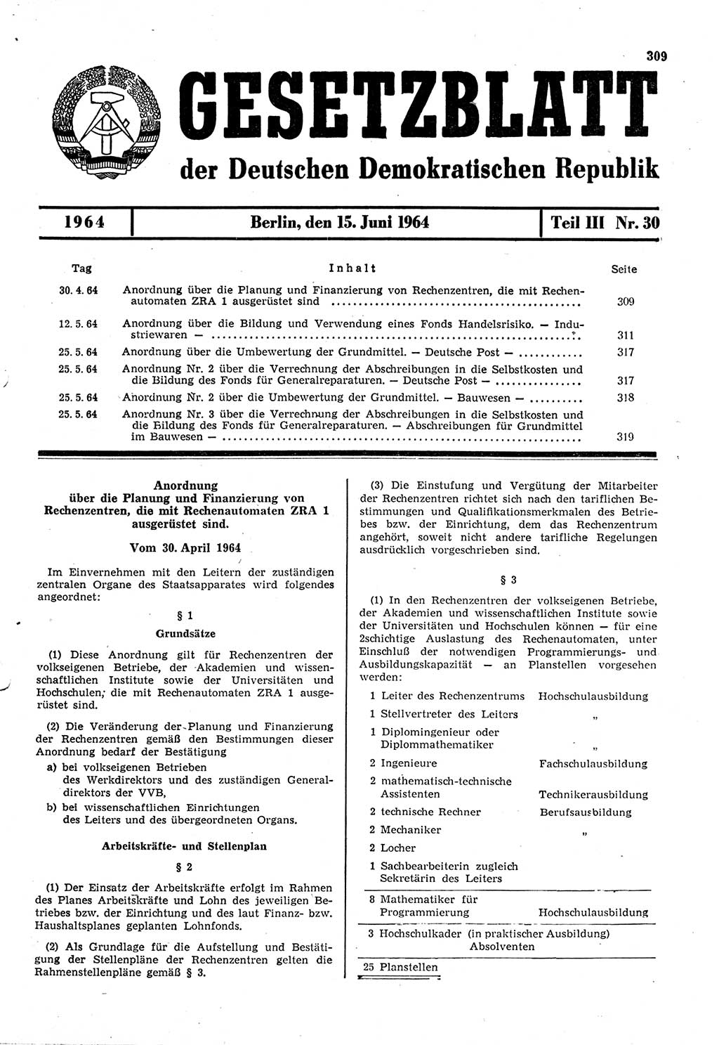 Gesetzblatt (GBl.) der Deutschen Demokratischen Republik (DDR) Teil ⅠⅠⅠ 1964, Seite 309 (GBl. DDR ⅠⅠⅠ 1964, S. 309)
