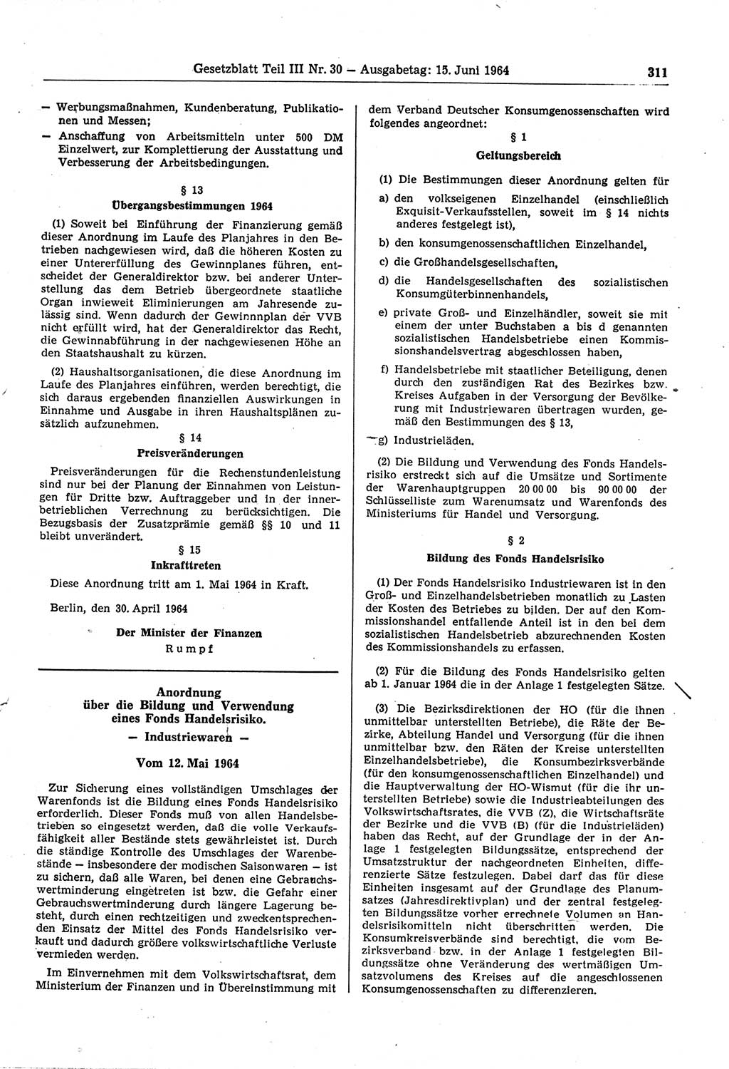 Gesetzblatt (GBl.) der Deutschen Demokratischen Republik (DDR) Teil ⅠⅠⅠ 1964, Seite 311 (GBl. DDR ⅠⅠⅠ 1964, S. 311)