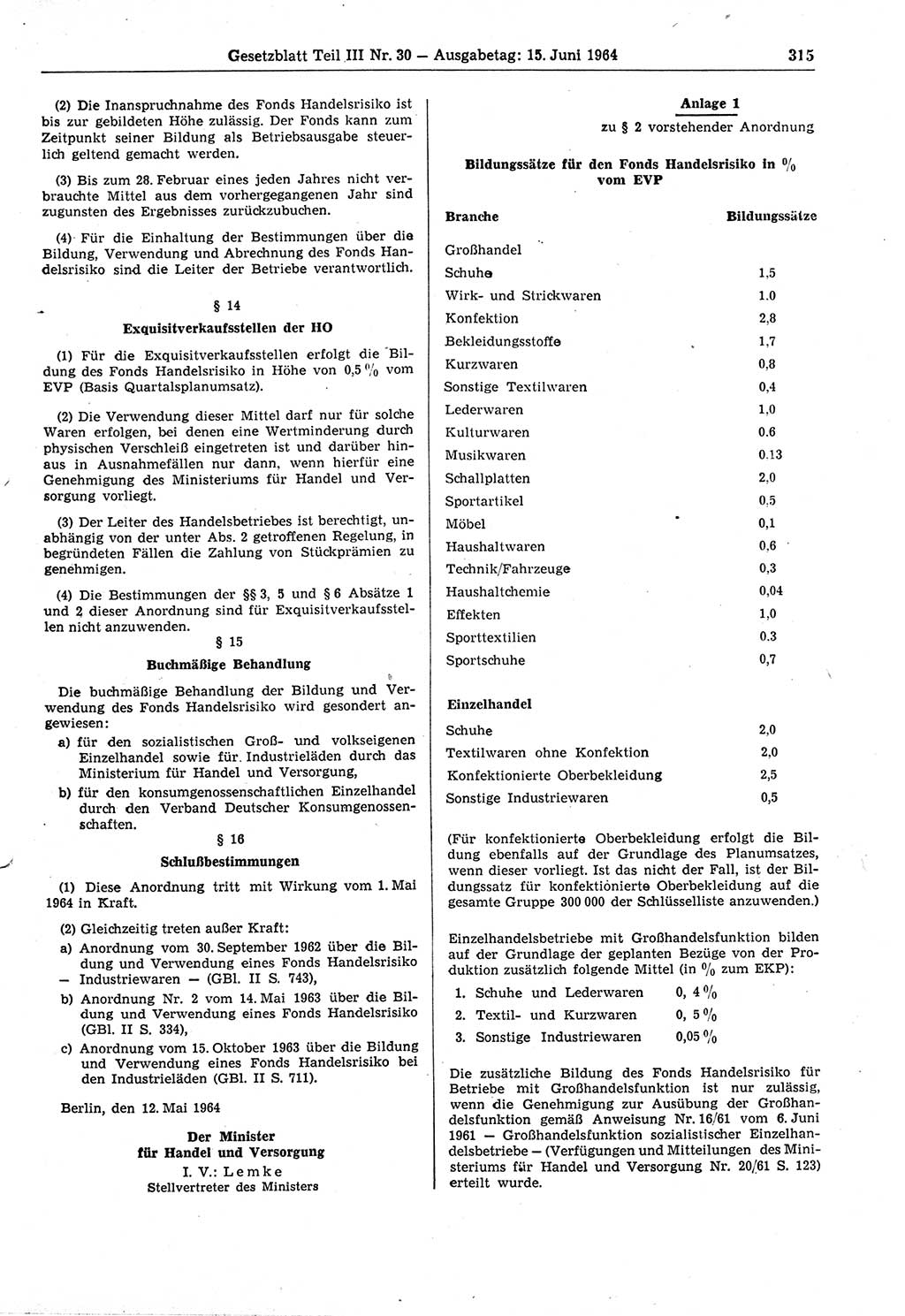 Gesetzblatt (GBl.) der Deutschen Demokratischen Republik (DDR) Teil ⅠⅠⅠ 1964, Seite 315 (GBl. DDR ⅠⅠⅠ 1964, S. 315)
