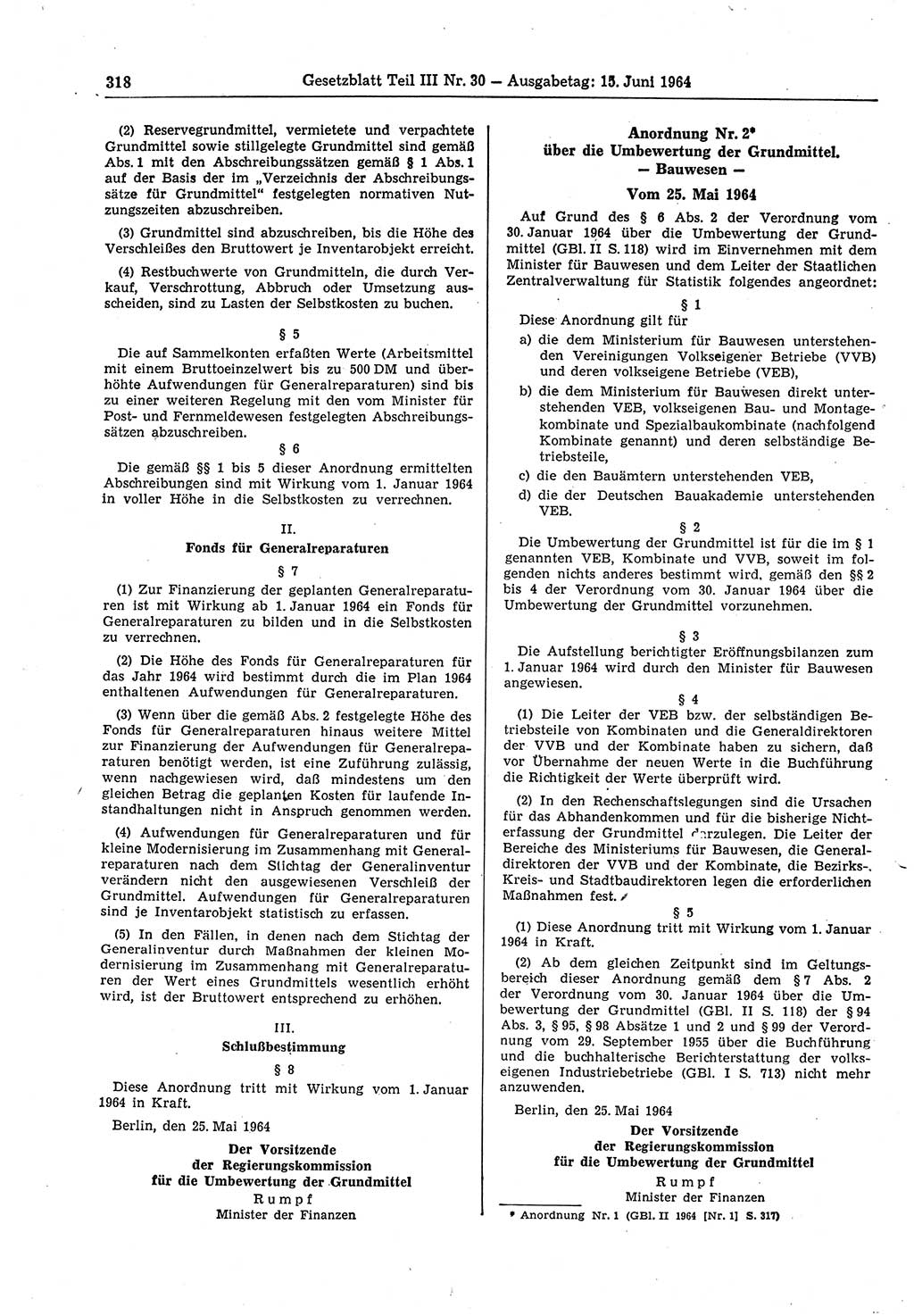 Gesetzblatt (GBl.) der Deutschen Demokratischen Republik (DDR) Teil ⅠⅠⅠ 1964, Seite 318 (GBl. DDR ⅠⅠⅠ 1964, S. 318)