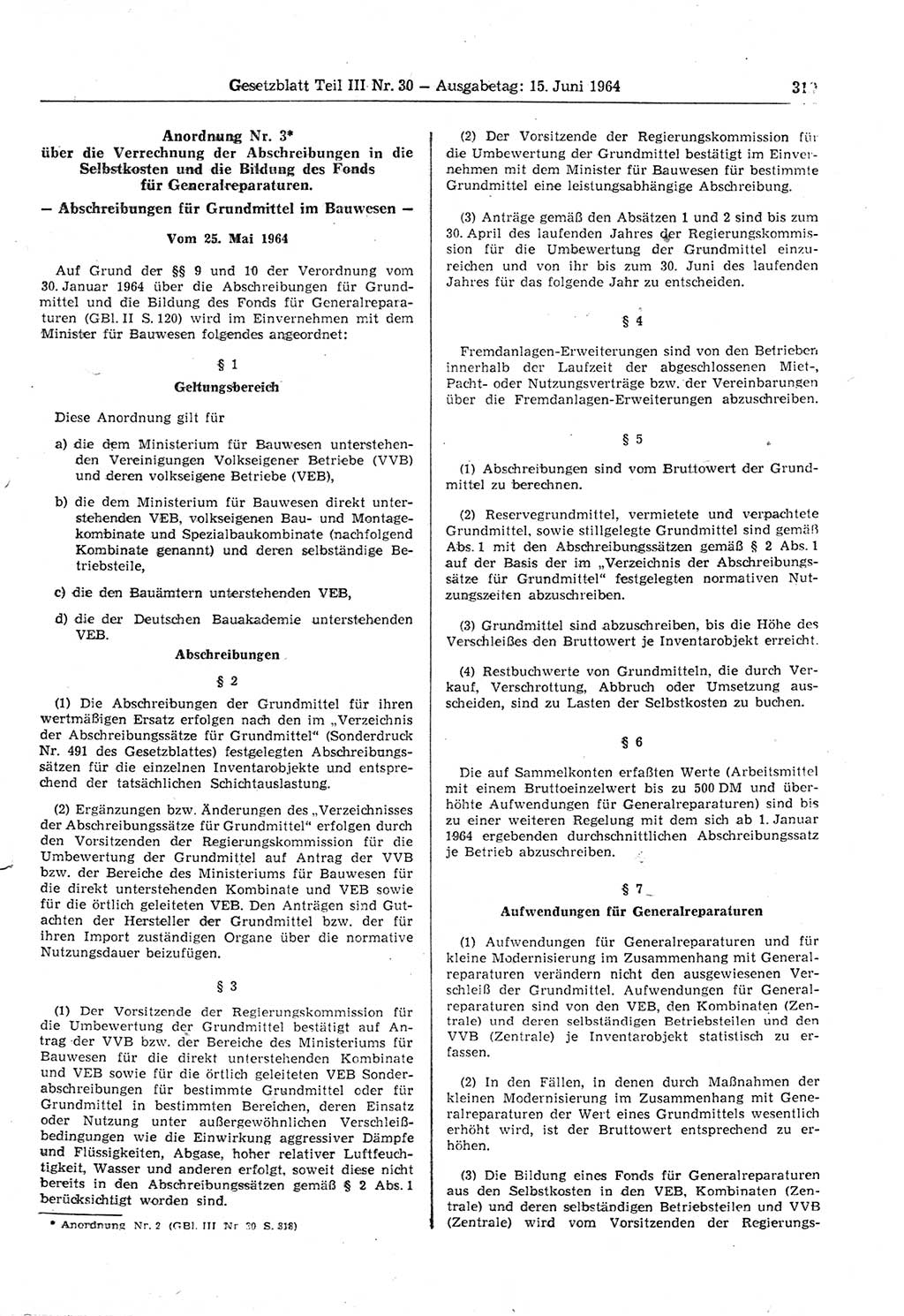 Gesetzblatt (GBl.) der Deutschen Demokratischen Republik (DDR) Teil ⅠⅠⅠ 1964, Seite 319 (GBl. DDR ⅠⅠⅠ 1964, S. 319)