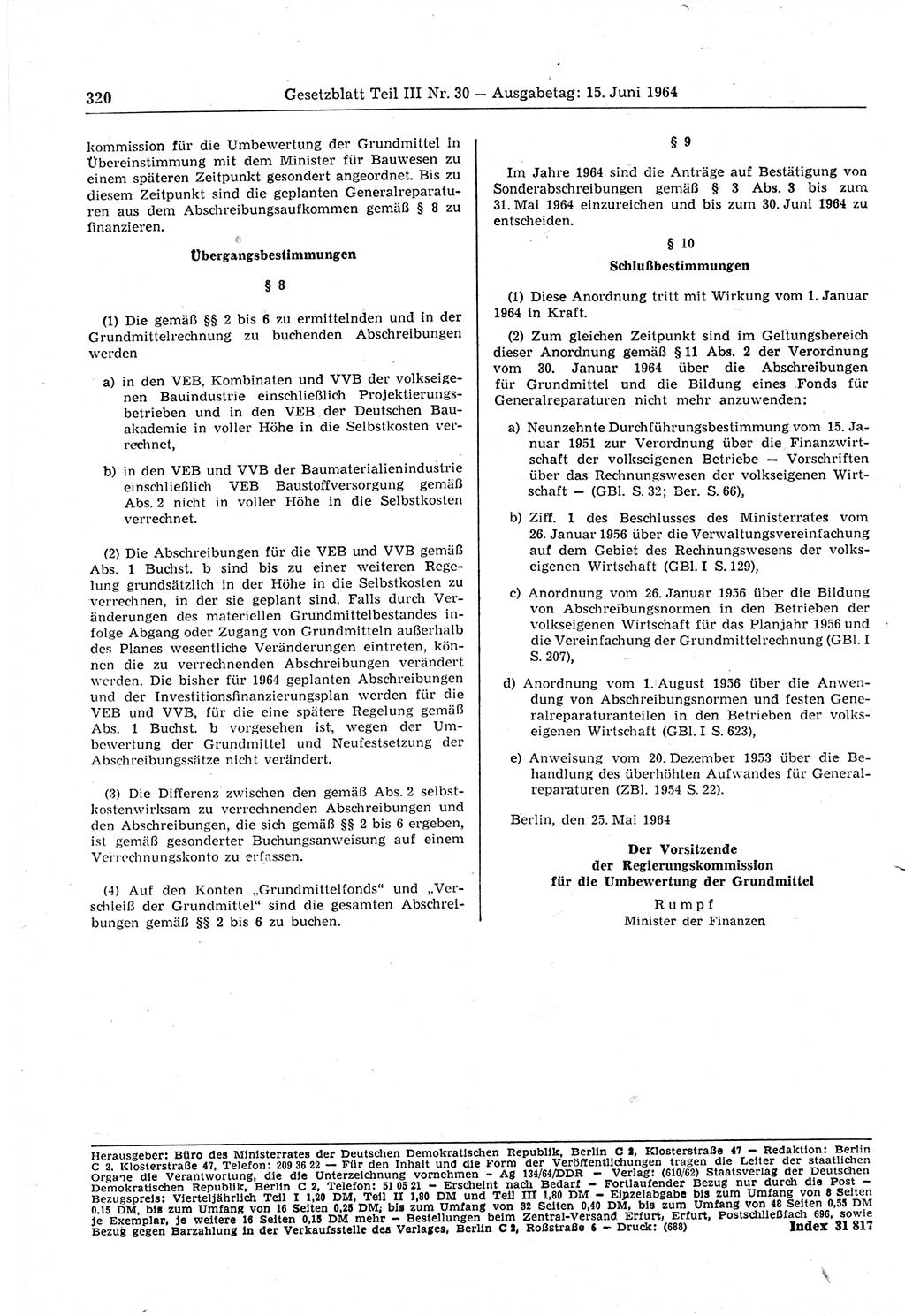 Gesetzblatt (GBl.) der Deutschen Demokratischen Republik (DDR) Teil ⅠⅠⅠ 1964, Seite 320 (GBl. DDR ⅠⅠⅠ 1964, S. 320)