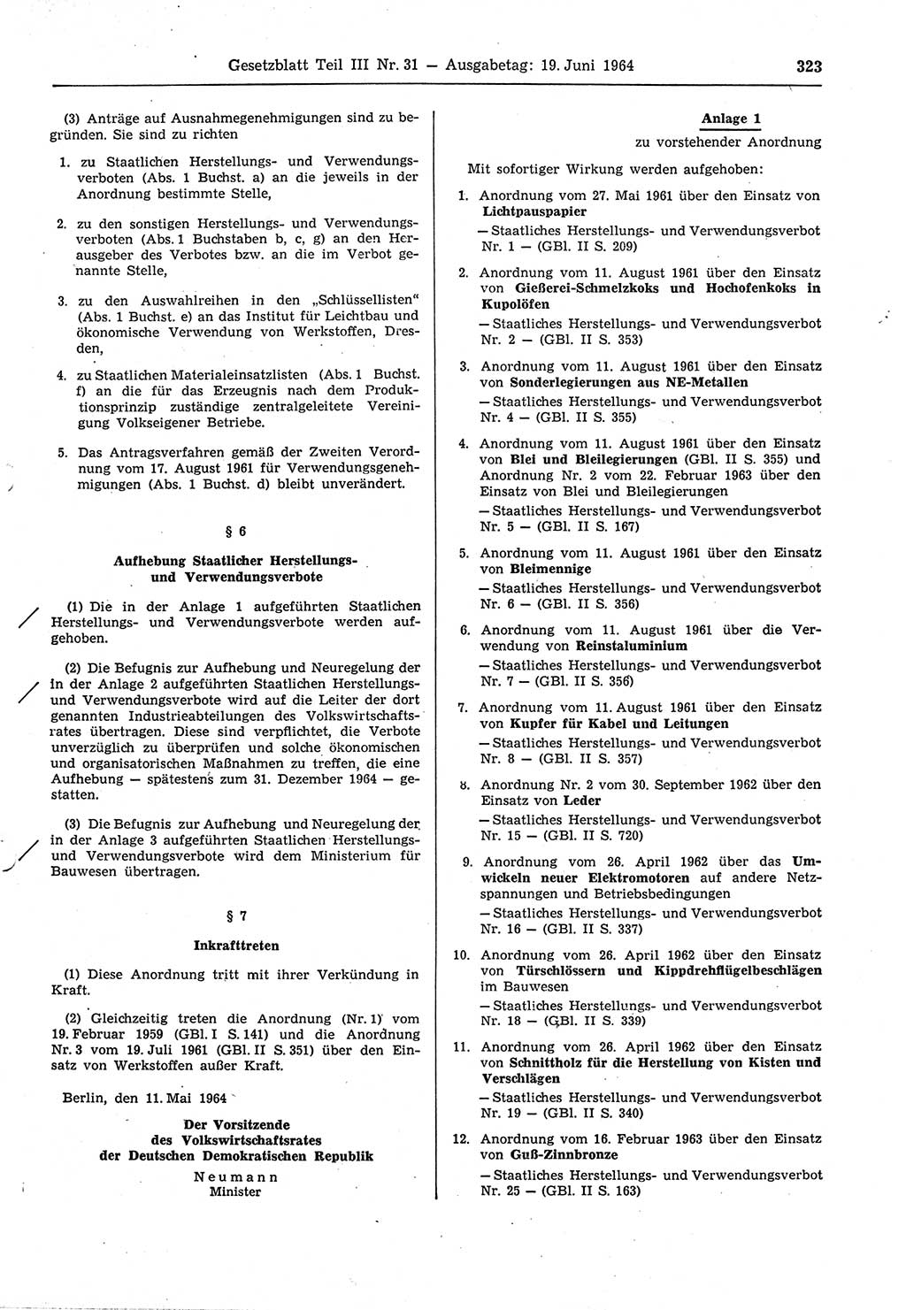 Gesetzblatt (GBl.) der Deutschen Demokratischen Republik (DDR) Teil ⅠⅠⅠ 1964, Seite 323 (GBl. DDR ⅠⅠⅠ 1964, S. 323)
