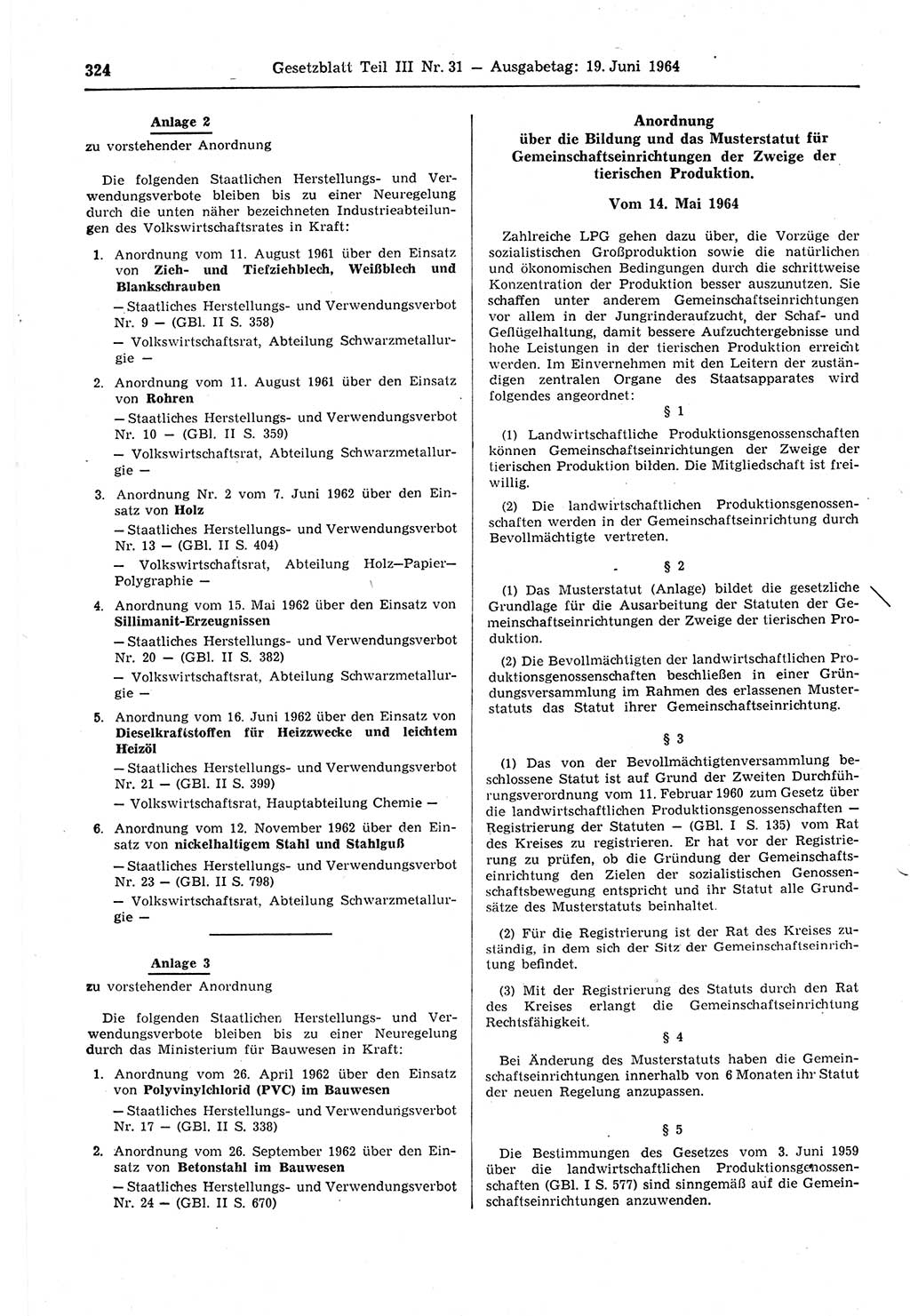 Gesetzblatt (GBl.) der Deutschen Demokratischen Republik (DDR) Teil ⅠⅠⅠ 1964, Seite 324 (GBl. DDR ⅠⅠⅠ 1964, S. 324)