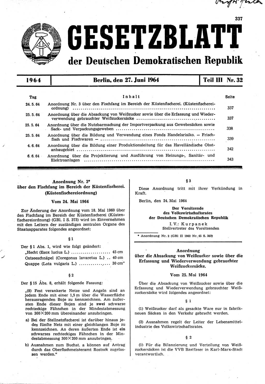 Gesetzblatt (GBl.) der Deutschen Demokratischen Republik (DDR) Teil ⅠⅠⅠ 1964, Seite 337 (GBl. DDR ⅠⅠⅠ 1964, S. 337)