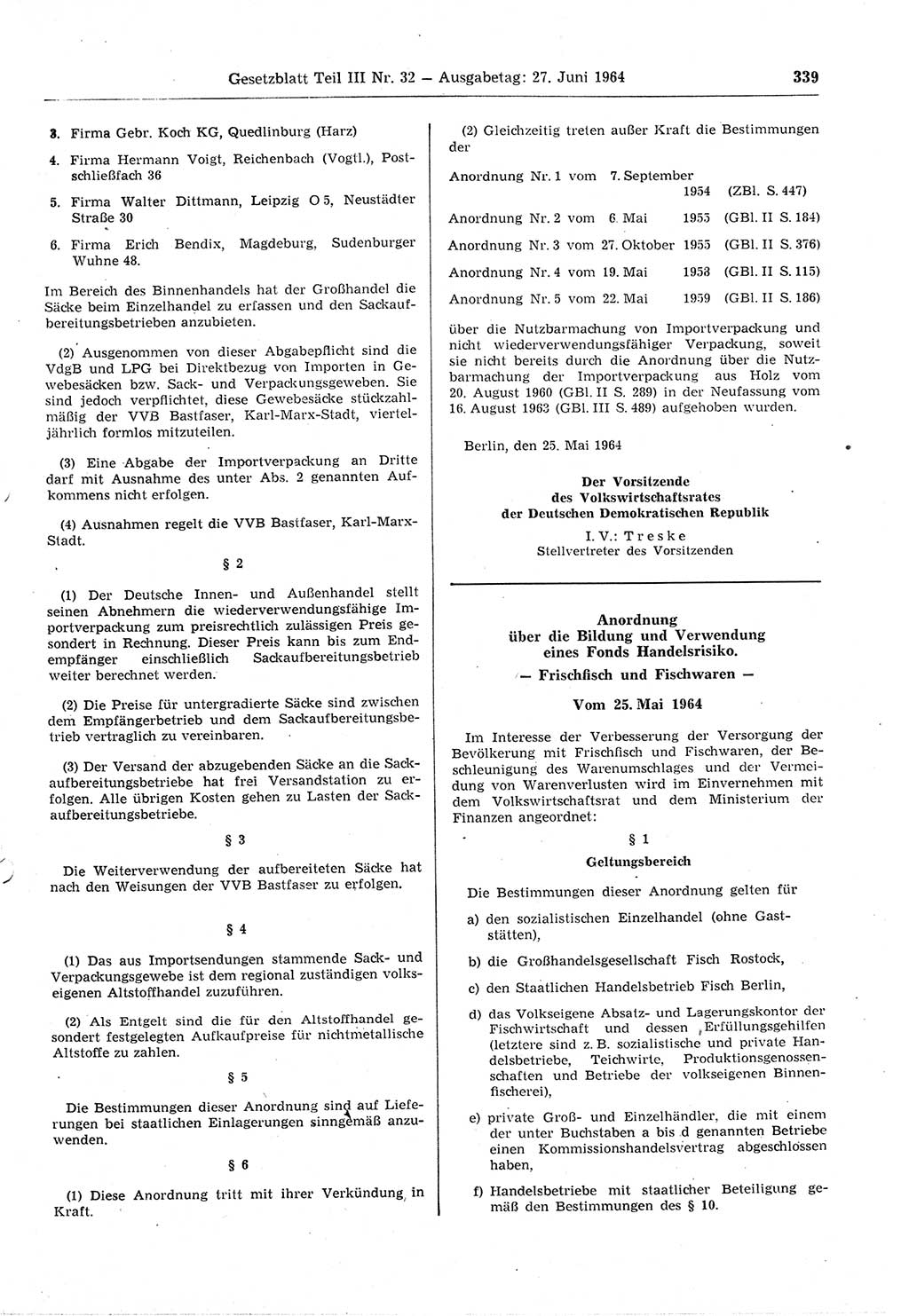 Gesetzblatt (GBl.) der Deutschen Demokratischen Republik (DDR) Teil ⅠⅠⅠ 1964, Seite 339 (GBl. DDR ⅠⅠⅠ 1964, S. 339)