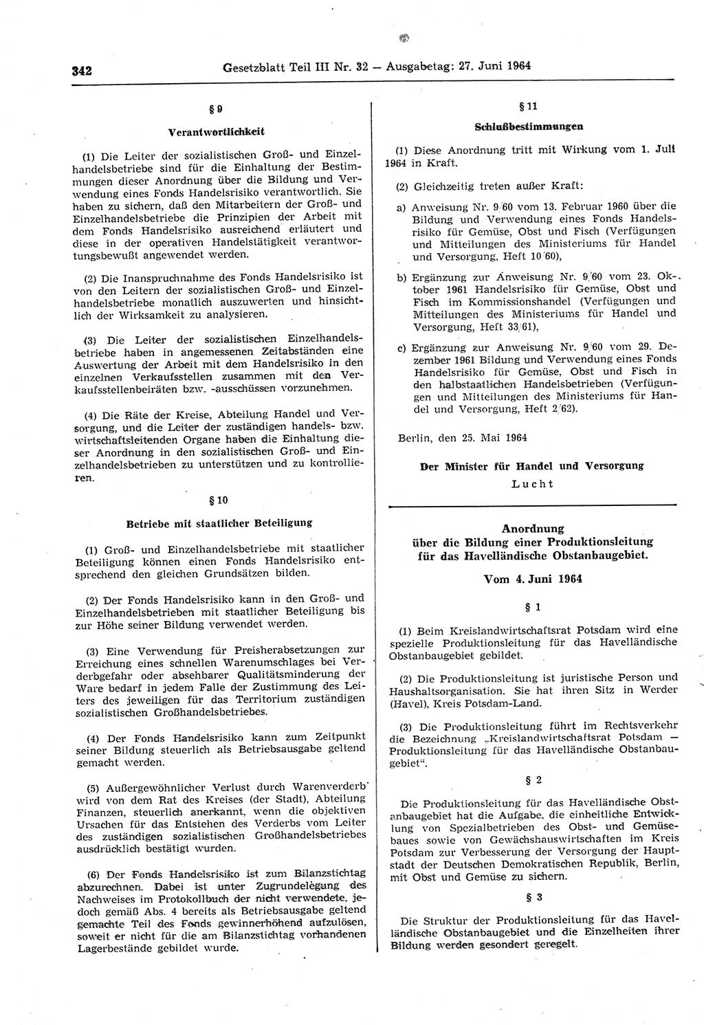 Gesetzblatt (GBl.) der Deutschen Demokratischen Republik (DDR) Teil ⅠⅠⅠ 1964, Seite 342 (GBl. DDR ⅠⅠⅠ 1964, S. 342)