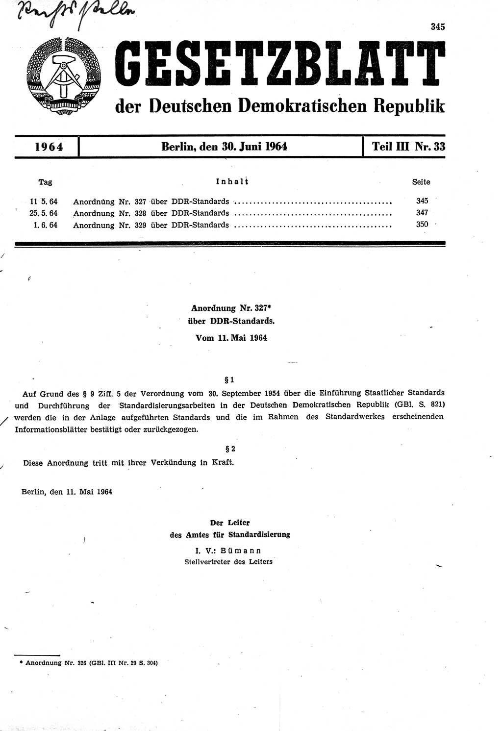 Gesetzblatt (GBl.) der Deutschen Demokratischen Republik (DDR) Teil ⅠⅠⅠ 1964, Seite 345 (GBl. DDR ⅠⅠⅠ 1964, S. 345)