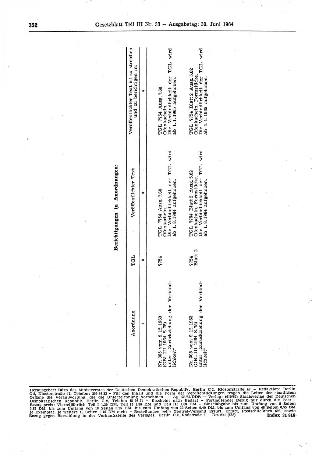 Gesetzblatt (GBl.) der Deutschen Demokratischen Republik (DDR) Teil ⅠⅠⅠ 1964, Seite 352 (GBl. DDR ⅠⅠⅠ 1964, S. 352)