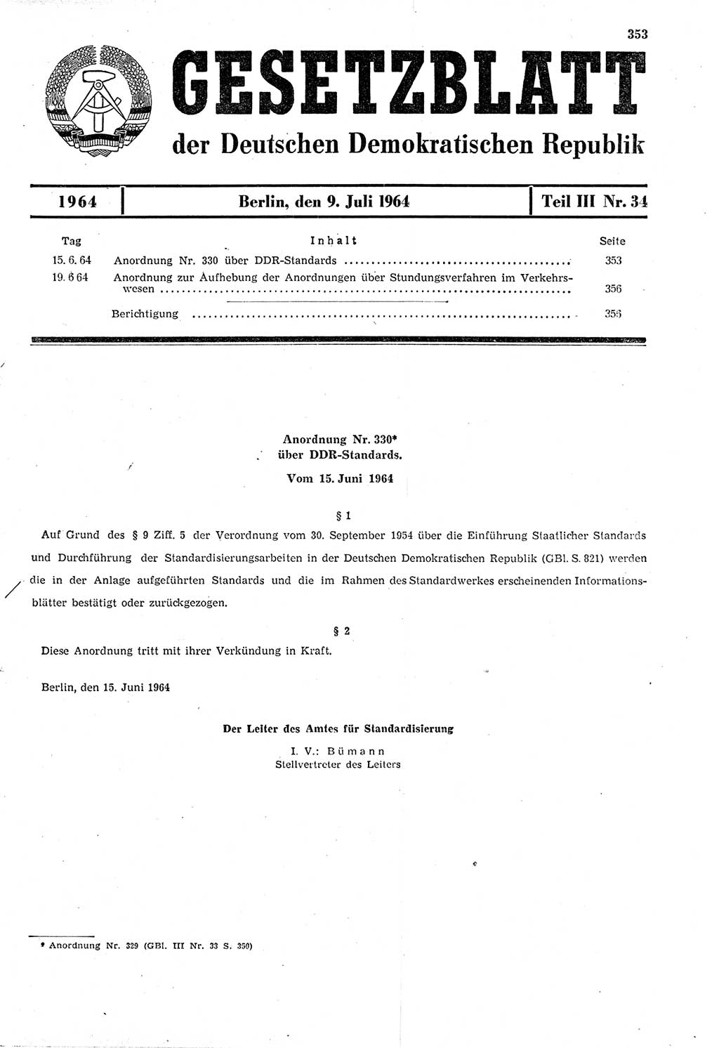Gesetzblatt (GBl.) der Deutschen Demokratischen Republik (DDR) Teil ⅠⅠⅠ 1964, Seite 353 (GBl. DDR ⅠⅠⅠ 1964, S. 353)