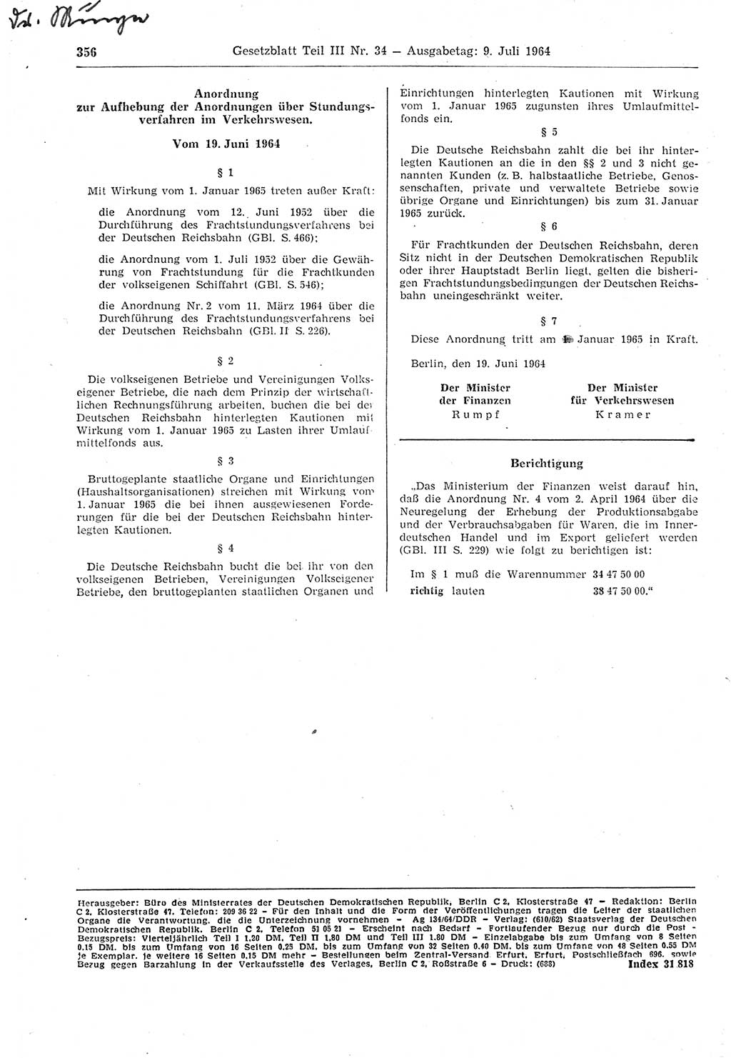 Gesetzblatt (GBl.) der Deutschen Demokratischen Republik (DDR) Teil ⅠⅠⅠ 1964, Seite 356 (GBl. DDR ⅠⅠⅠ 1964, S. 356)