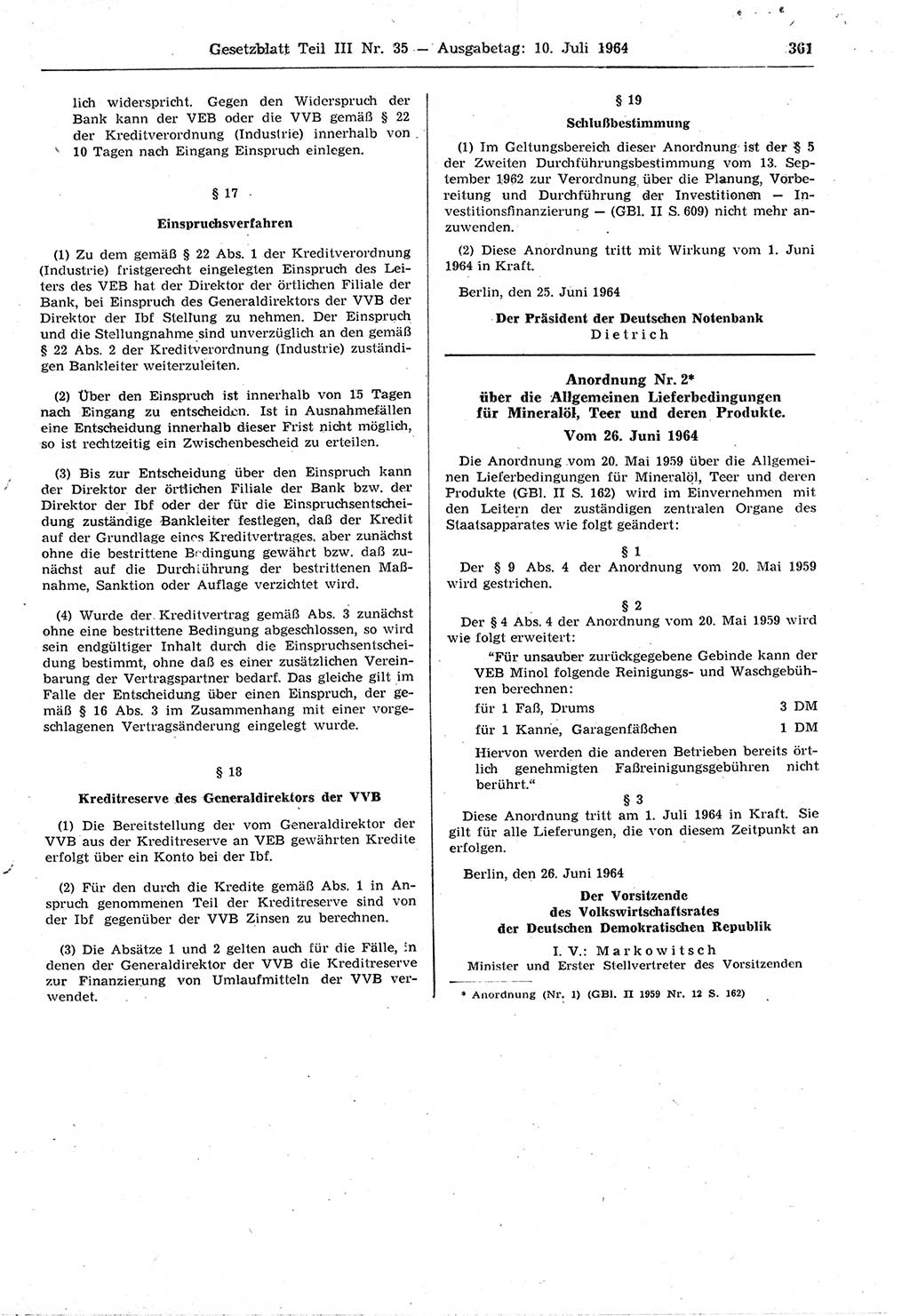 Gesetzblatt (GBl.) der Deutschen Demokratischen Republik (DDR) Teil ⅠⅠⅠ 1964, Seite 361 (GBl. DDR ⅠⅠⅠ 1964, S. 361)