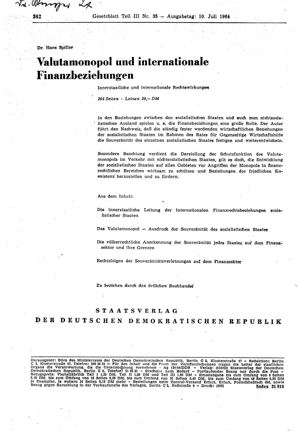 Gesetzblatt (GBl.) der Deutschen Demokratischen Republik (DDR) Teil ⅠⅠⅠ 1964, Seite 362 (GBl. DDR ⅠⅠⅠ 1964, S. 362)