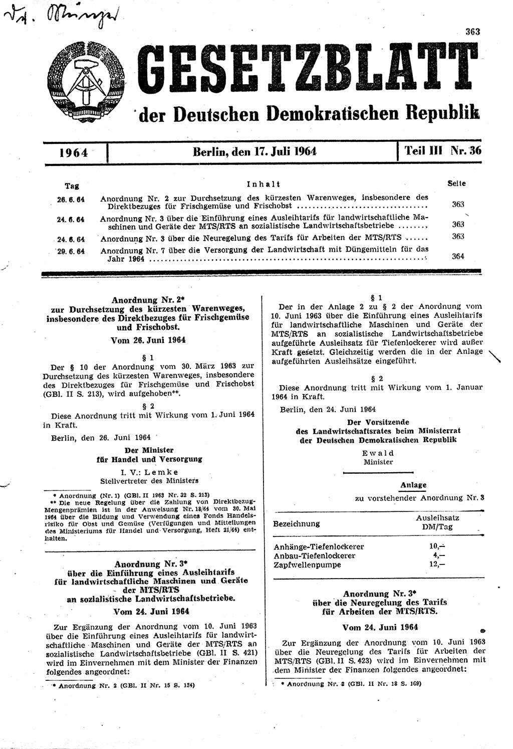 Gesetzblatt (GBl.) der Deutschen Demokratischen Republik (DDR) Teil ⅠⅠⅠ 1964, Seite 363 (GBl. DDR ⅠⅠⅠ 1964, S. 363)
