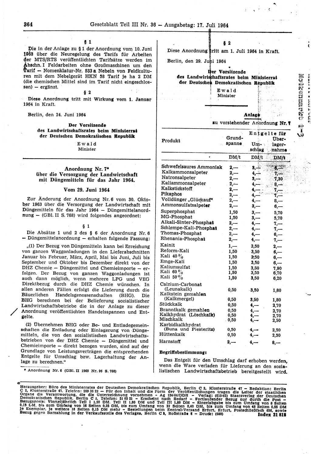 Gesetzblatt (GBl.) der Deutschen Demokratischen Republik (DDR) Teil ⅠⅠⅠ 1964, Seite 364 (GBl. DDR ⅠⅠⅠ 1964, S. 364)