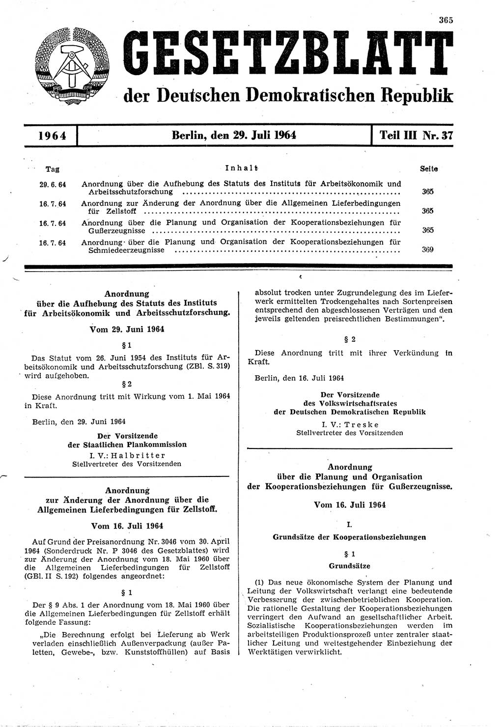 Gesetzblatt (GBl.) der Deutschen Demokratischen Republik (DDR) Teil ⅠⅠⅠ 1964, Seite 365 (GBl. DDR ⅠⅠⅠ 1964, S. 365)