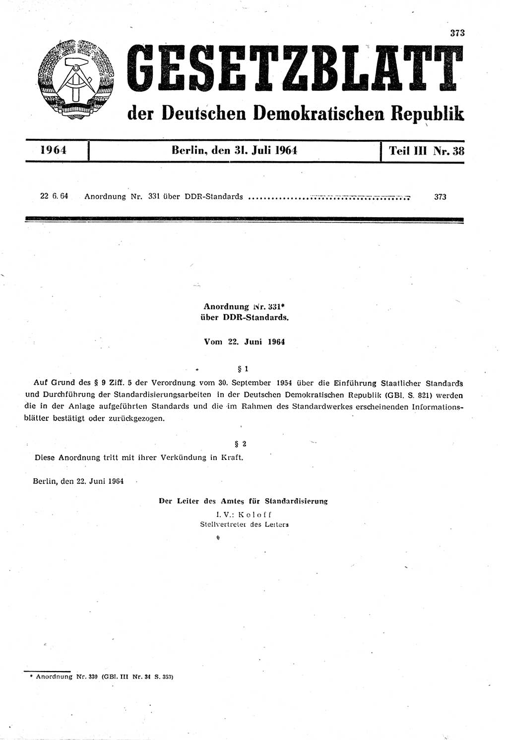 Gesetzblatt (GBl.) der Deutschen Demokratischen Republik (DDR) Teil ⅠⅠⅠ 1964, Seite 373 (GBl. DDR ⅠⅠⅠ 1964, S. 373)