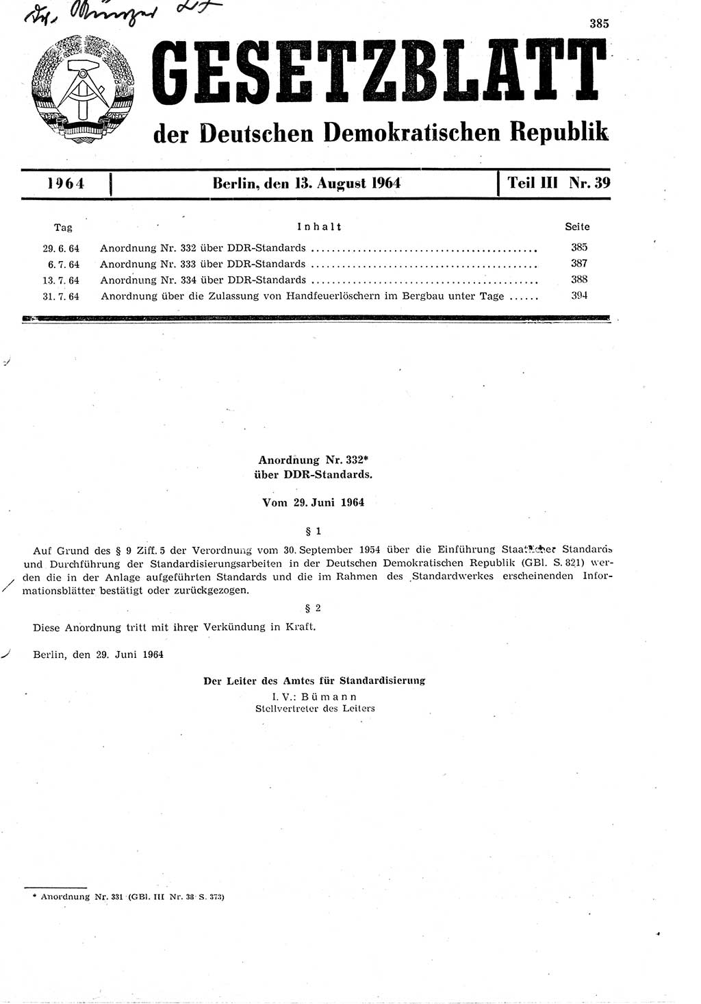 Gesetzblatt (GBl.) der Deutschen Demokratischen Republik (DDR) Teil ⅠⅠⅠ 1964, Seite 385 (GBl. DDR ⅠⅠⅠ 1964, S. 385)