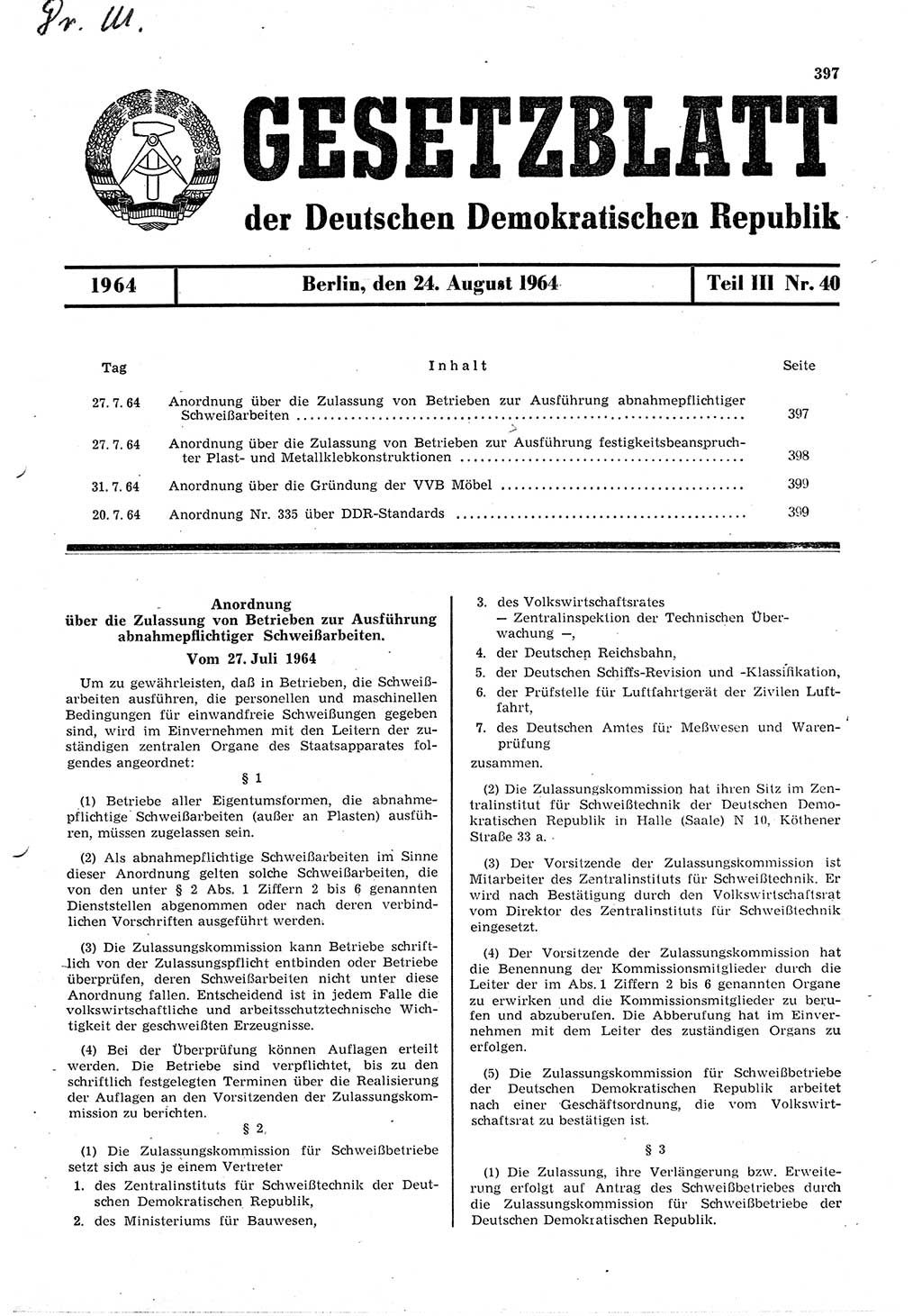 Gesetzblatt (GBl.) der Deutschen Demokratischen Republik (DDR) Teil ⅠⅠⅠ 1964, Seite 397 (GBl. DDR ⅠⅠⅠ 1964, S. 397)