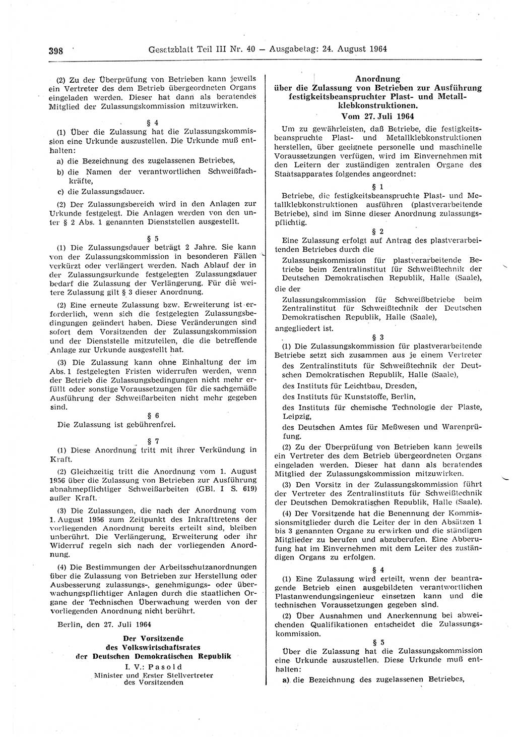 Gesetzblatt (GBl.) der Deutschen Demokratischen Republik (DDR) Teil ⅠⅠⅠ 1964, Seite 398 (GBl. DDR ⅠⅠⅠ 1964, S. 398)